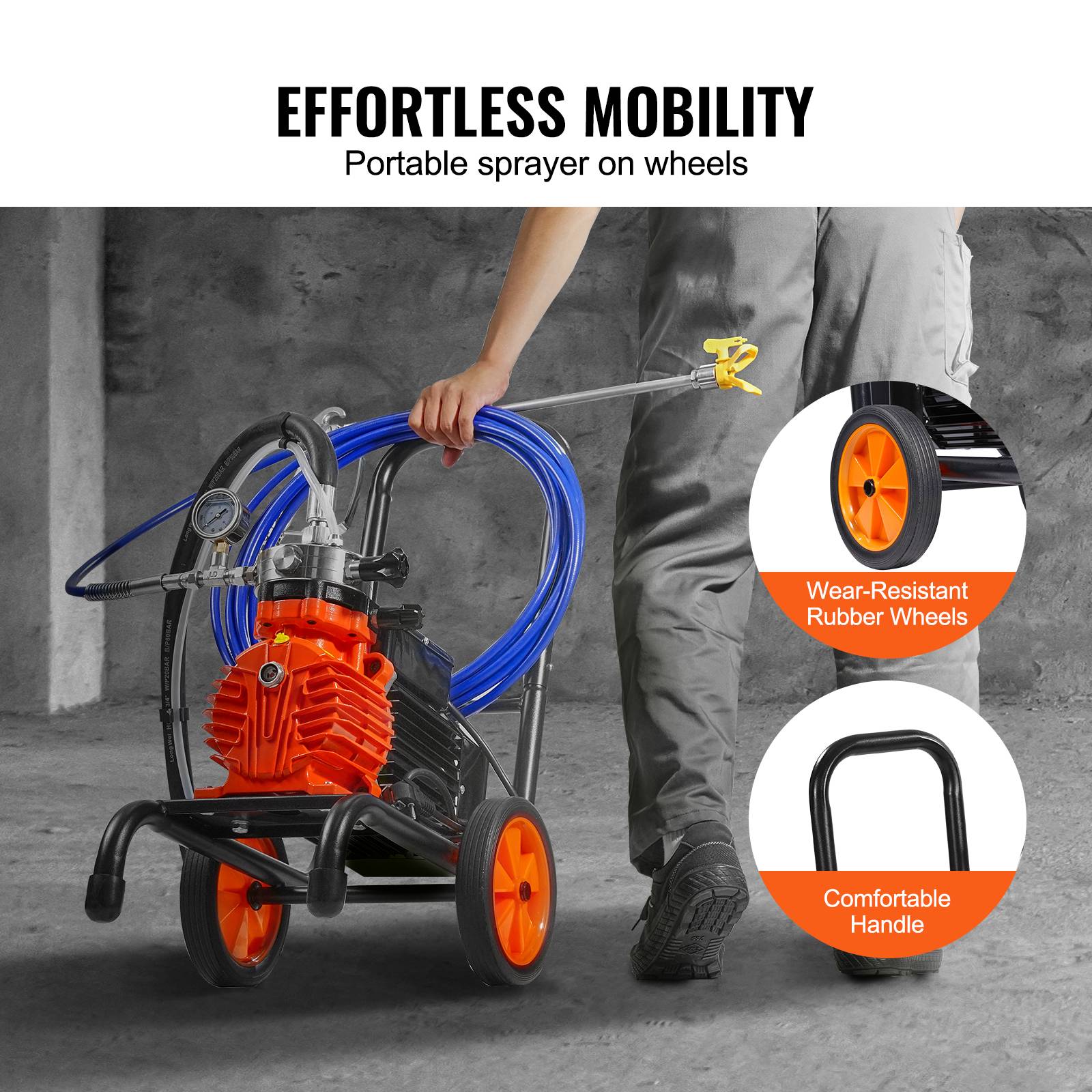 VEVOR Pulvérisateur sans air 900W, 1800 PSI, 1.8 L/min, sur roulettes avec barre extension, pour peinture int/ext. - Image 5