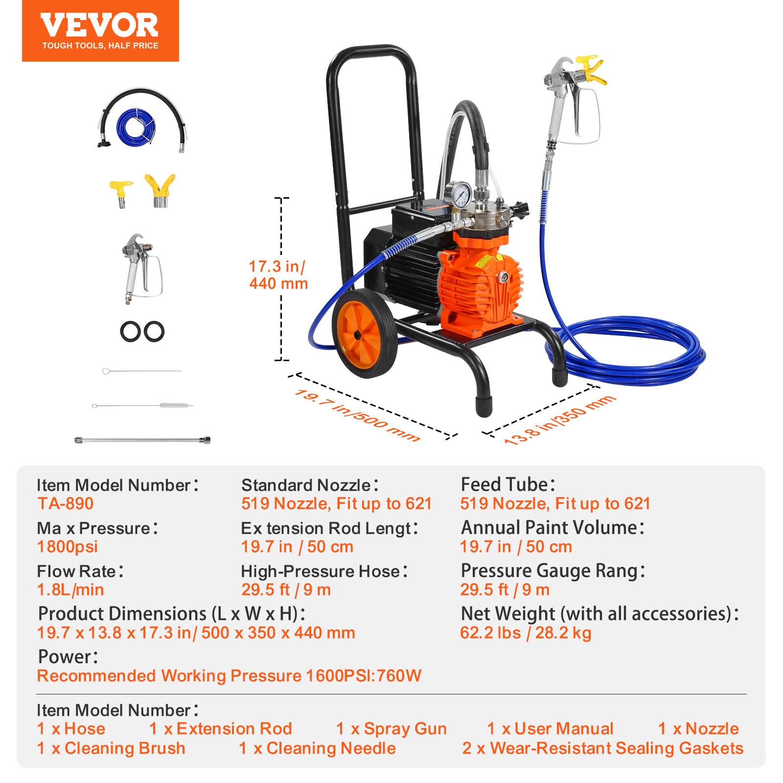 VEVOR Pulvérisateur sans air 900W, 1800 PSI, 1.8 L/min, sur roulettes avec barre extension, pour peinture int/ext. - Image 7