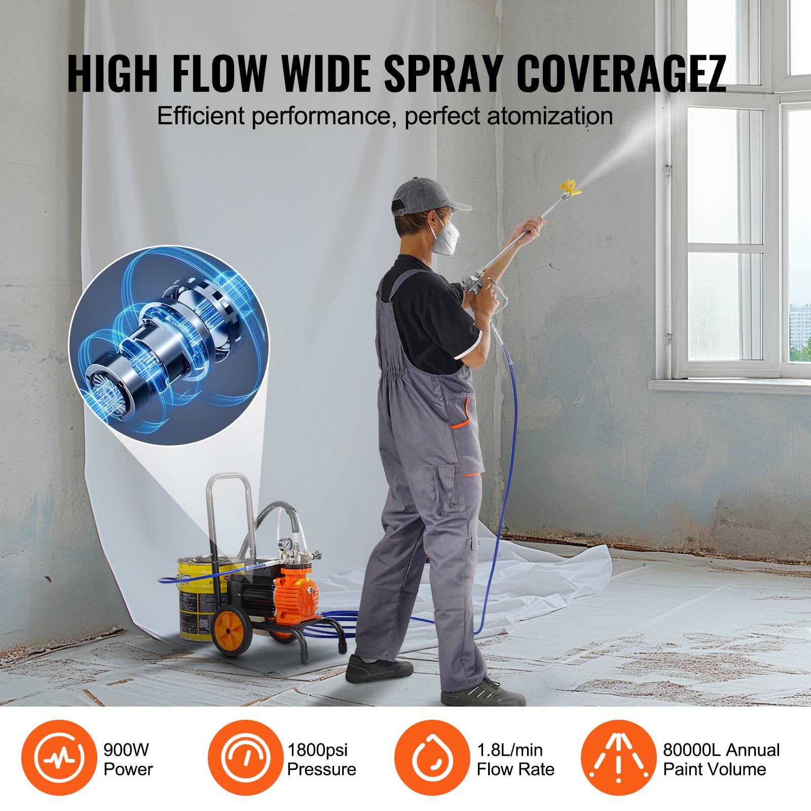 VEVOR Pulvérisateur sans air 900W, 1800 PSI, 1.8 L/min, sur roulettes avec barre extension, pour peinture int/ext. - Image 3