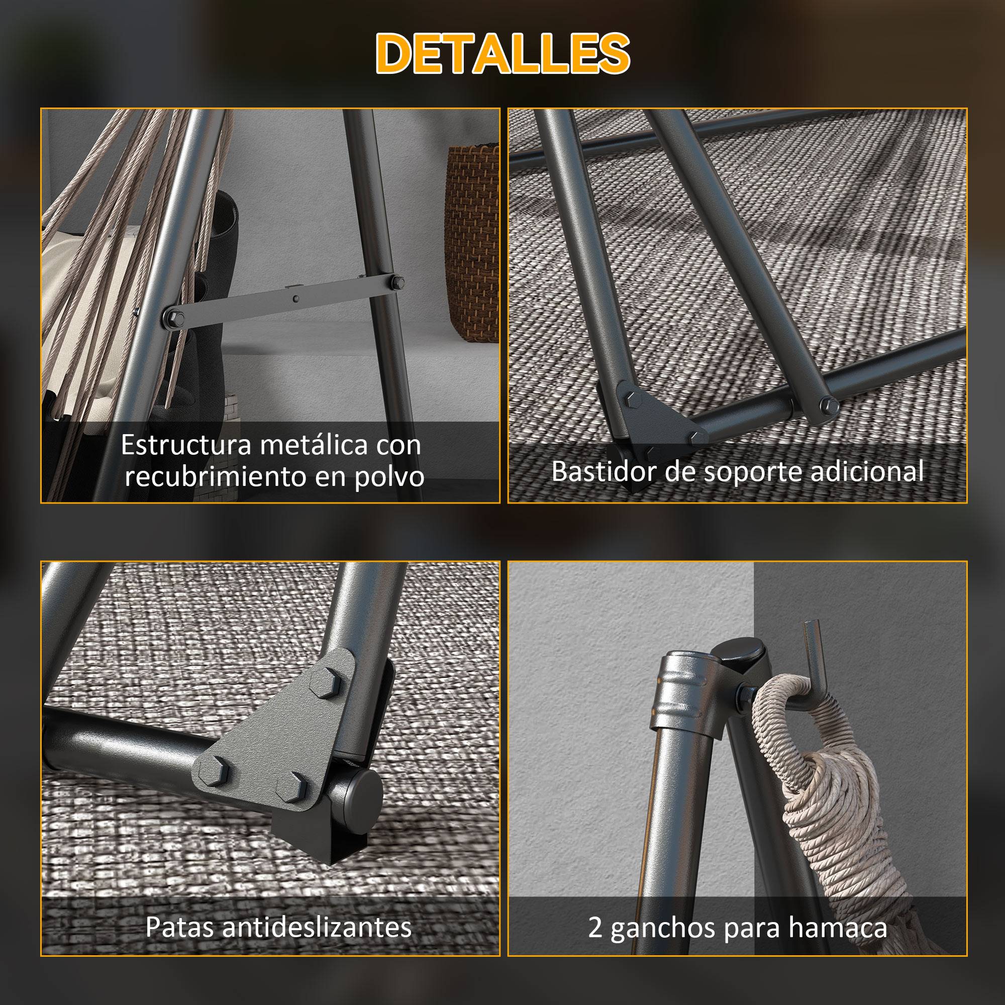 Support pliable 2 en 1 pour hamac et chaise suspendue, avec structure en métal et sac de transport, noir. - Image 8