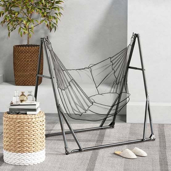 Support pliable 2 en 1 pour hamac et chaise suspendue, avec structure en métal et sac de transport, noir. - Image 3