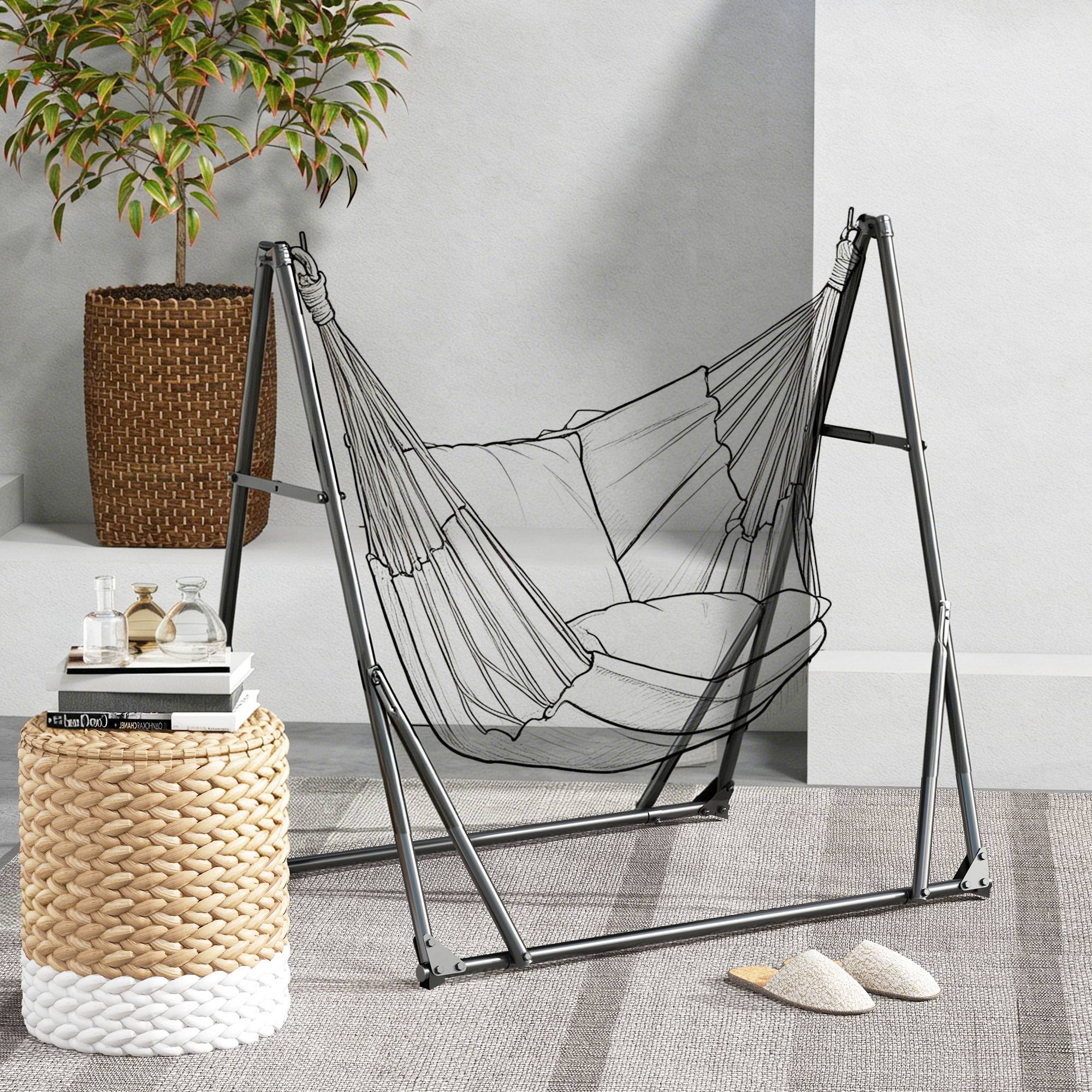 Support pliable 2 en 1 pour hamac et chaise suspendue, avec structure en métal et sac de transport, noir. - Image 3