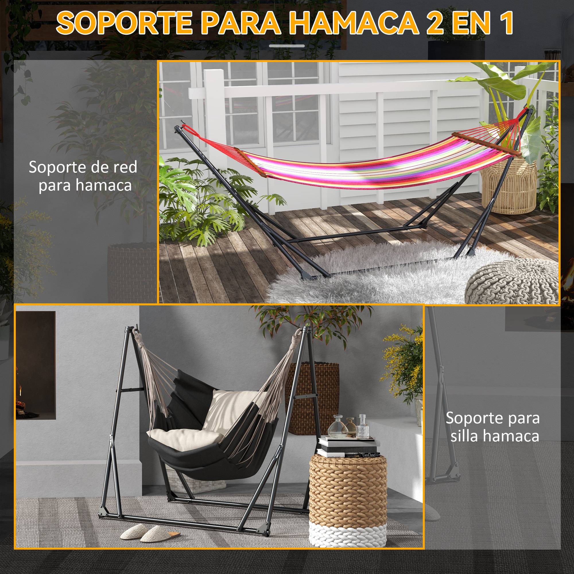 Support pliable 2 en 1 pour hamac et chaise suspendue, avec structure en métal et sac de transport, noir. - Image 6