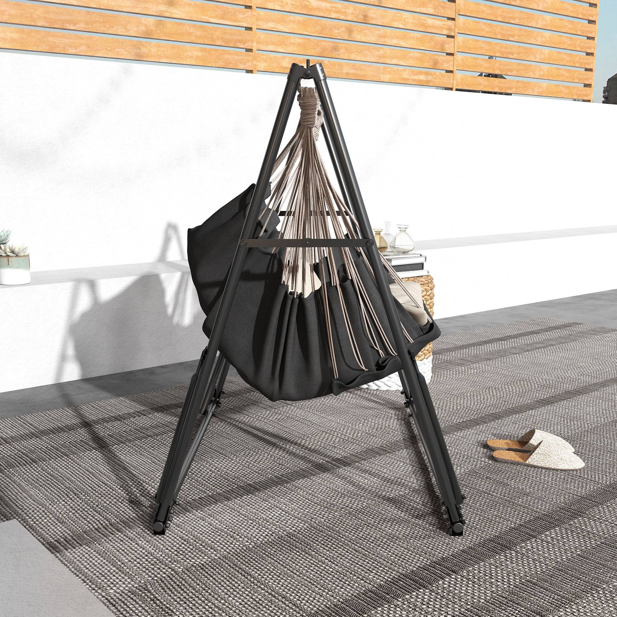 Support pliable 2 en 1 pour hamac et chaise suspendue, avec structure en métal et sac de transport, noir. - Image 9