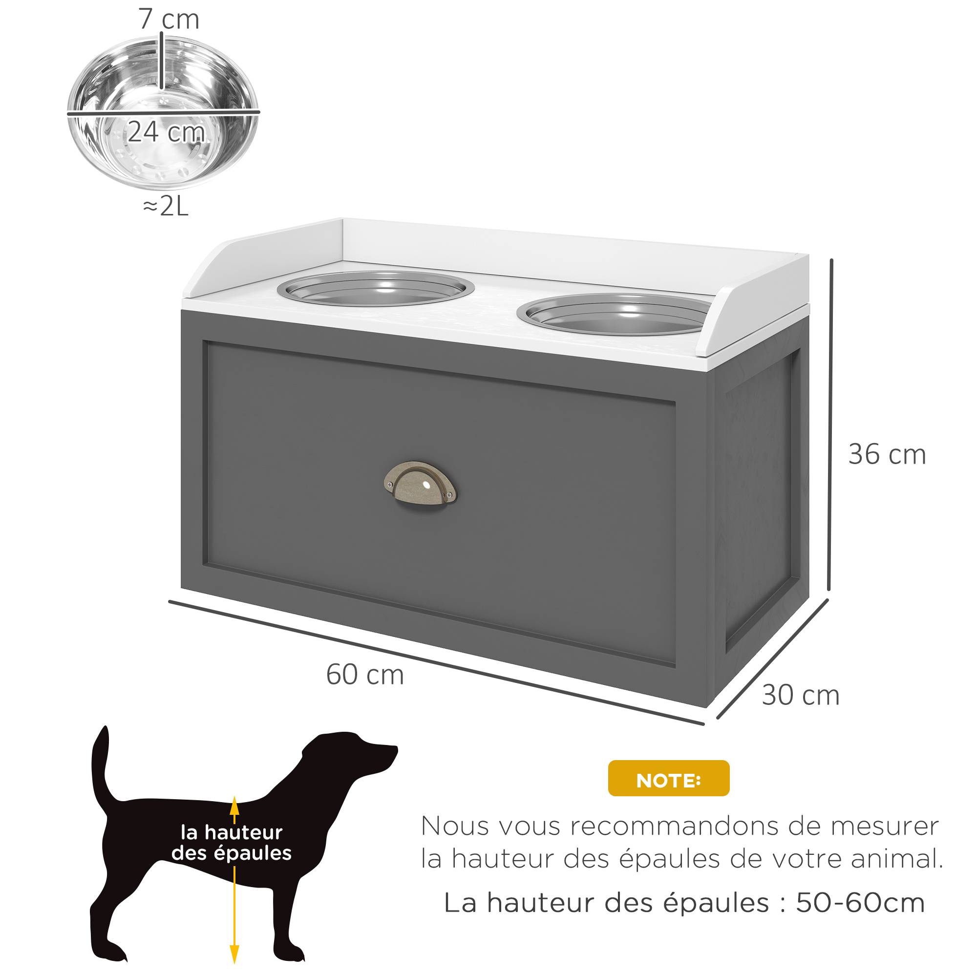 ComfortXL - Porte-gamelles surélevé MDF inox pour grands chiens tiroir rangement 60x30x36cm gris - ComfortXL Outdoor Living - Image 5