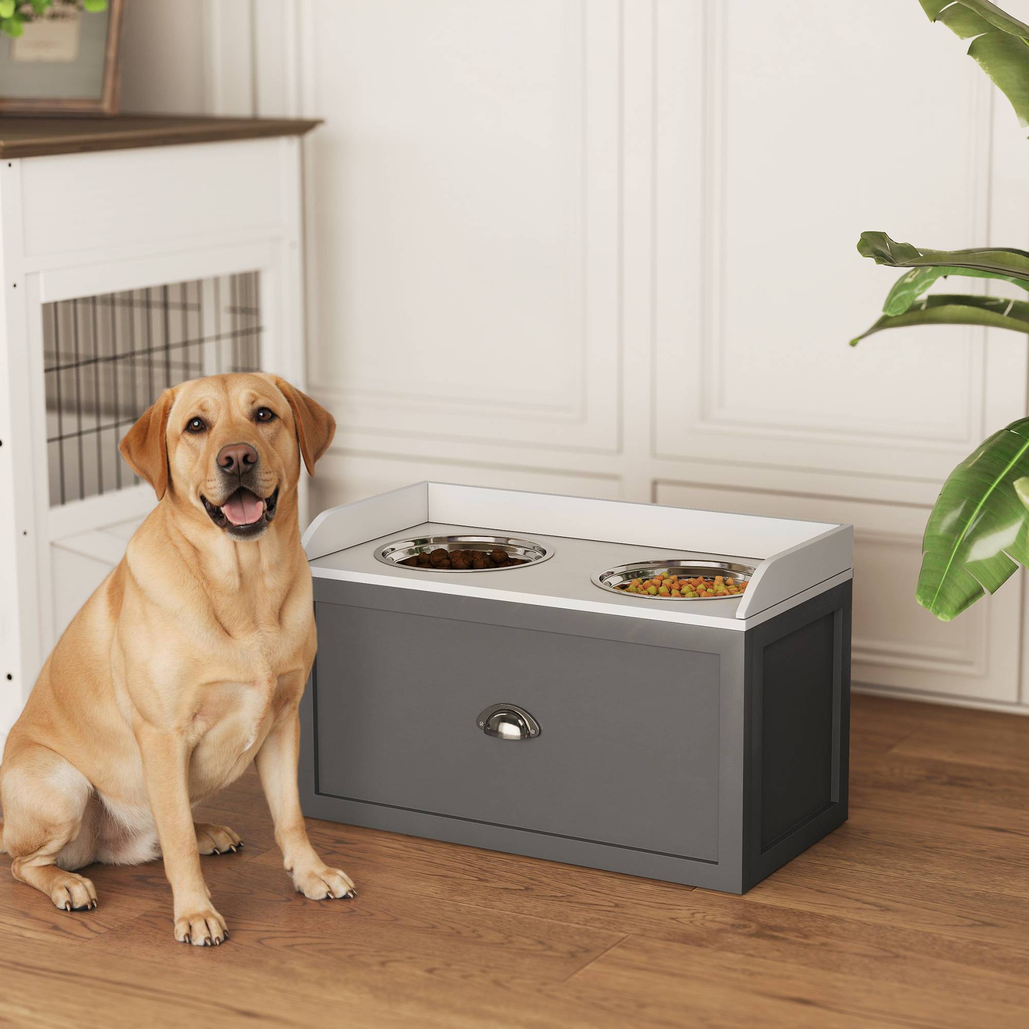 ComfortXL - Porte-gamelles surélevé MDF inox pour grands chiens tiroir rangement 60x30x36cm gris - ComfortXL Outdoor Living - Image 4