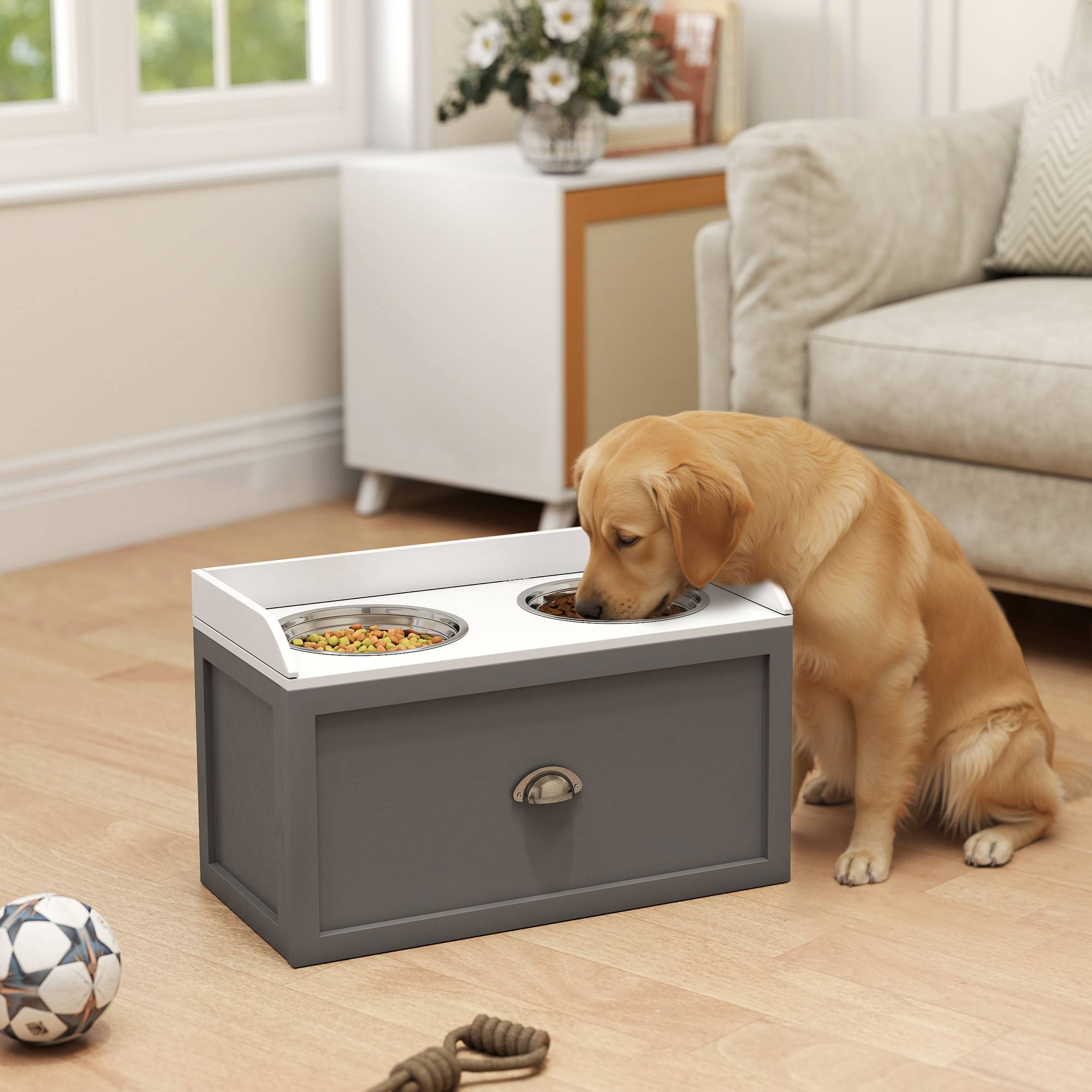 ComfortXL - Porte-gamelles surélevé MDF inox pour grands chiens tiroir rangement 60x30x36cm gris - ComfortXL Outdoor Living - Image 3