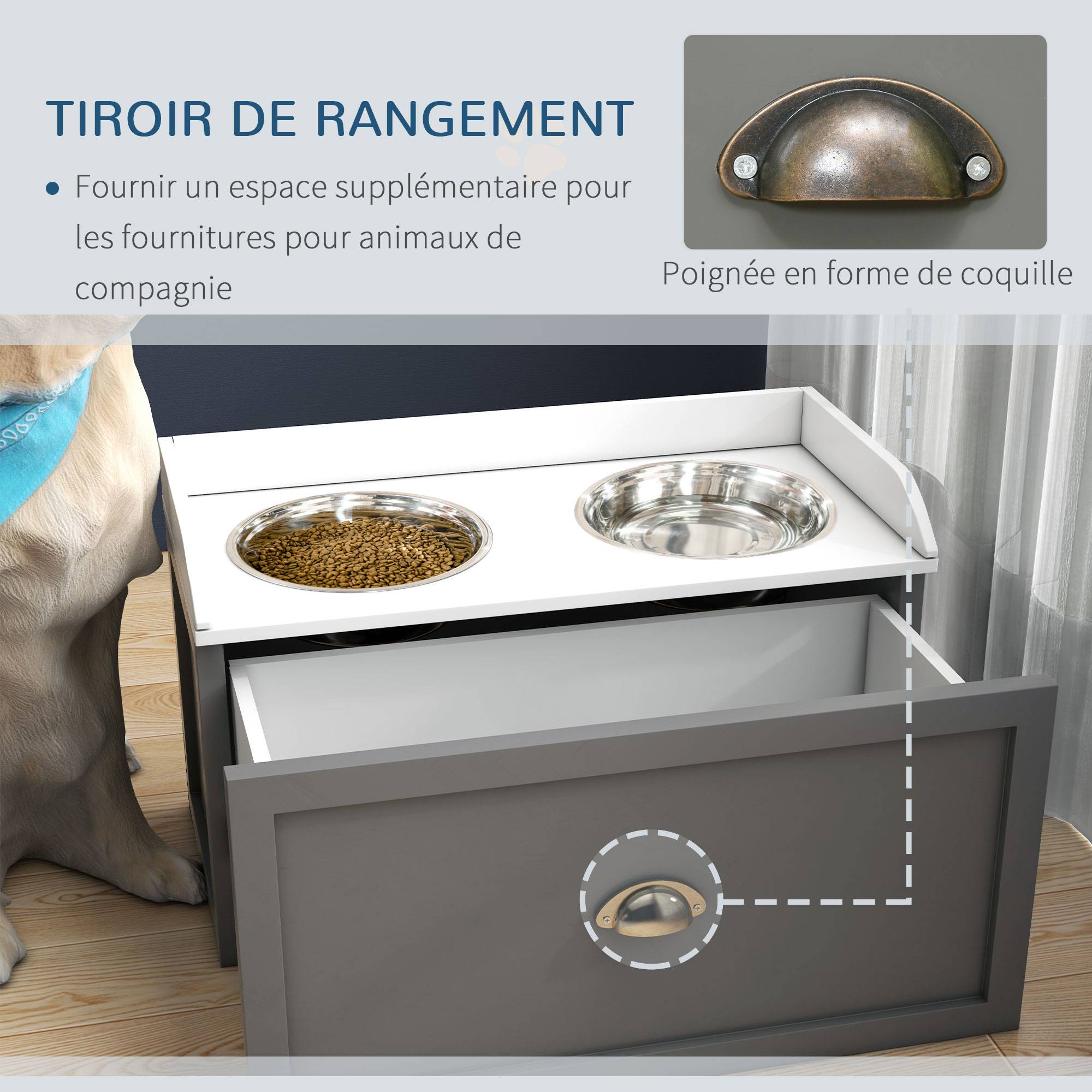 ComfortXL - Porte-gamelles surélevé MDF inox pour grands chiens tiroir rangement 60x30x36cm gris - ComfortXL Outdoor Living - Image 7