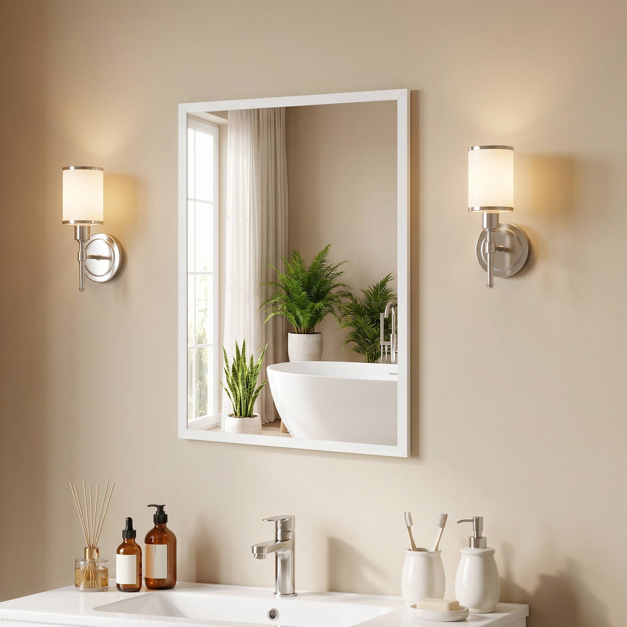 Sans Marque - Miroir mural rectangulaire crochets verre MDF 50x70 cm blanc - Image 3