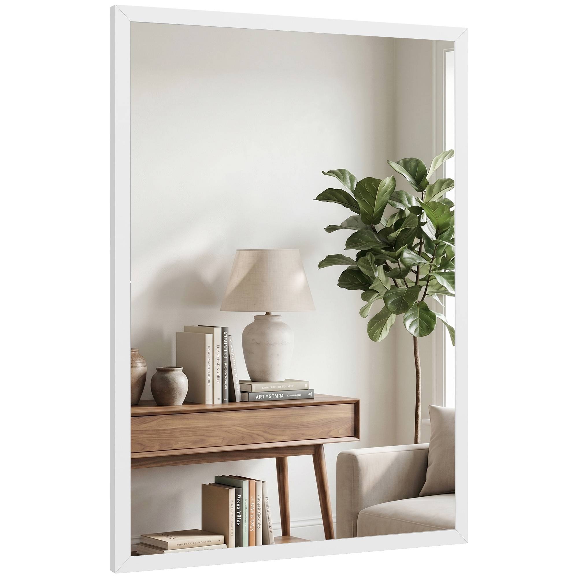 Sans Marque - Miroir mural rectangulaire crochets verre MDF 50x70 cm blanc - Image 1