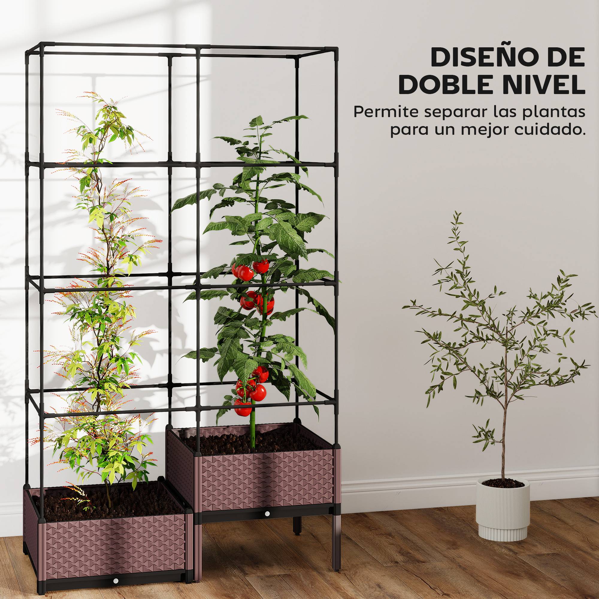 Jardinière avec treillis métal pour grimpantes, 2 pots PP drainage 100x50x174 cm noir - Image 6