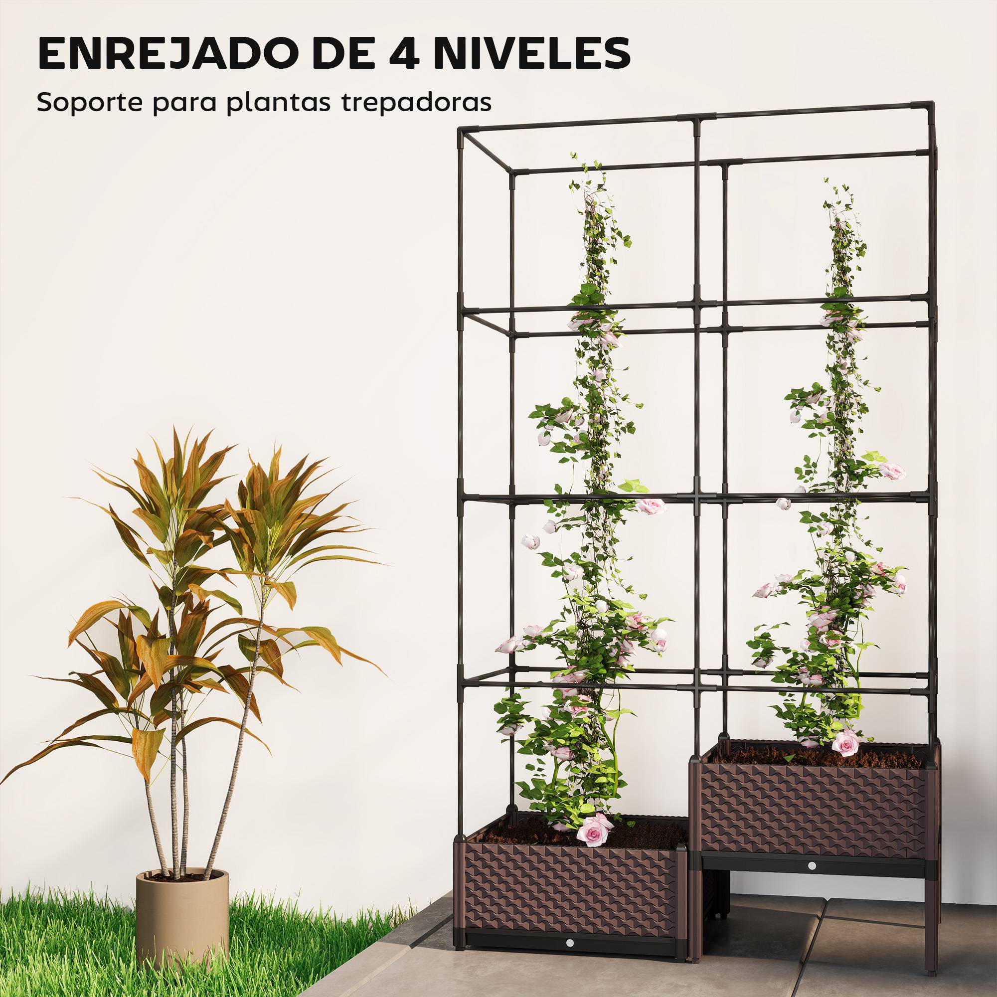 Jardinière avec treillis métal pour grimpantes, 2 pots PP drainage 100x50x174 cm noir - Image 7