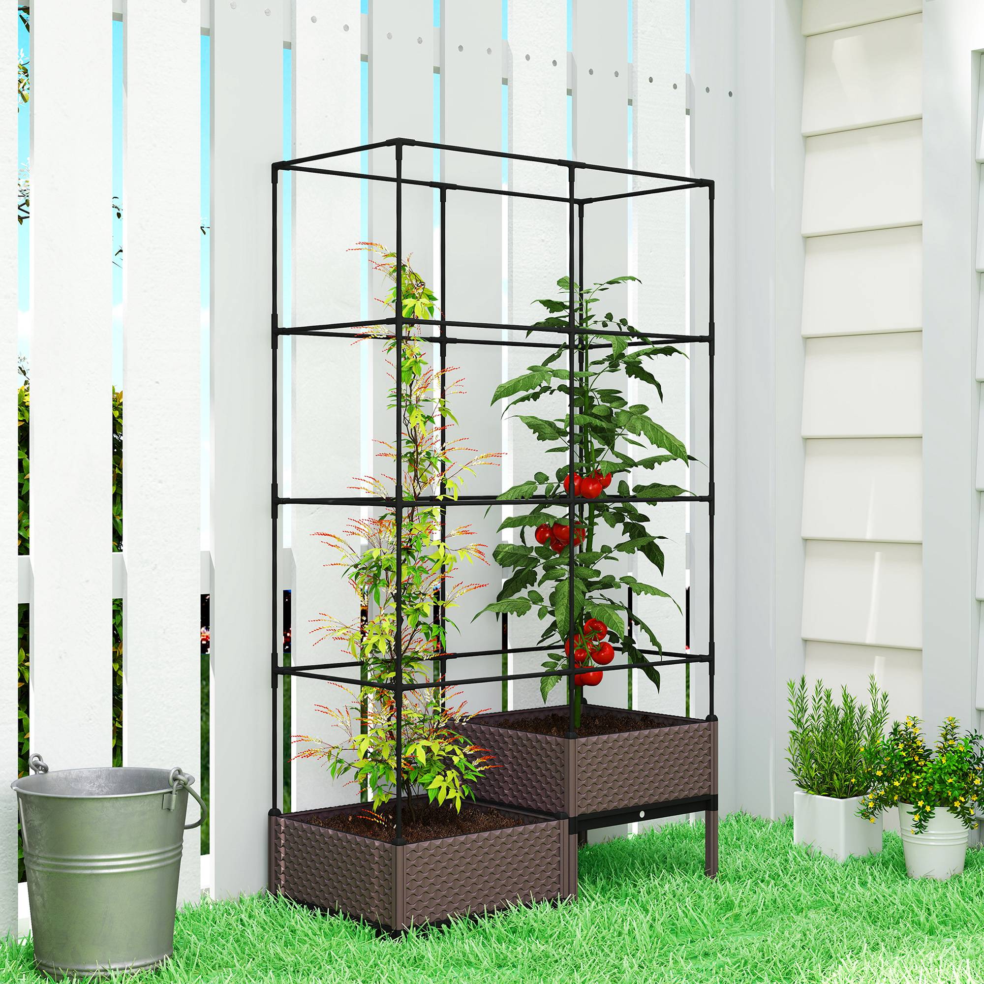 Jardinière avec treillis métal pour grimpantes, 2 pots PP drainage 100x50x174 cm noir - Image 10