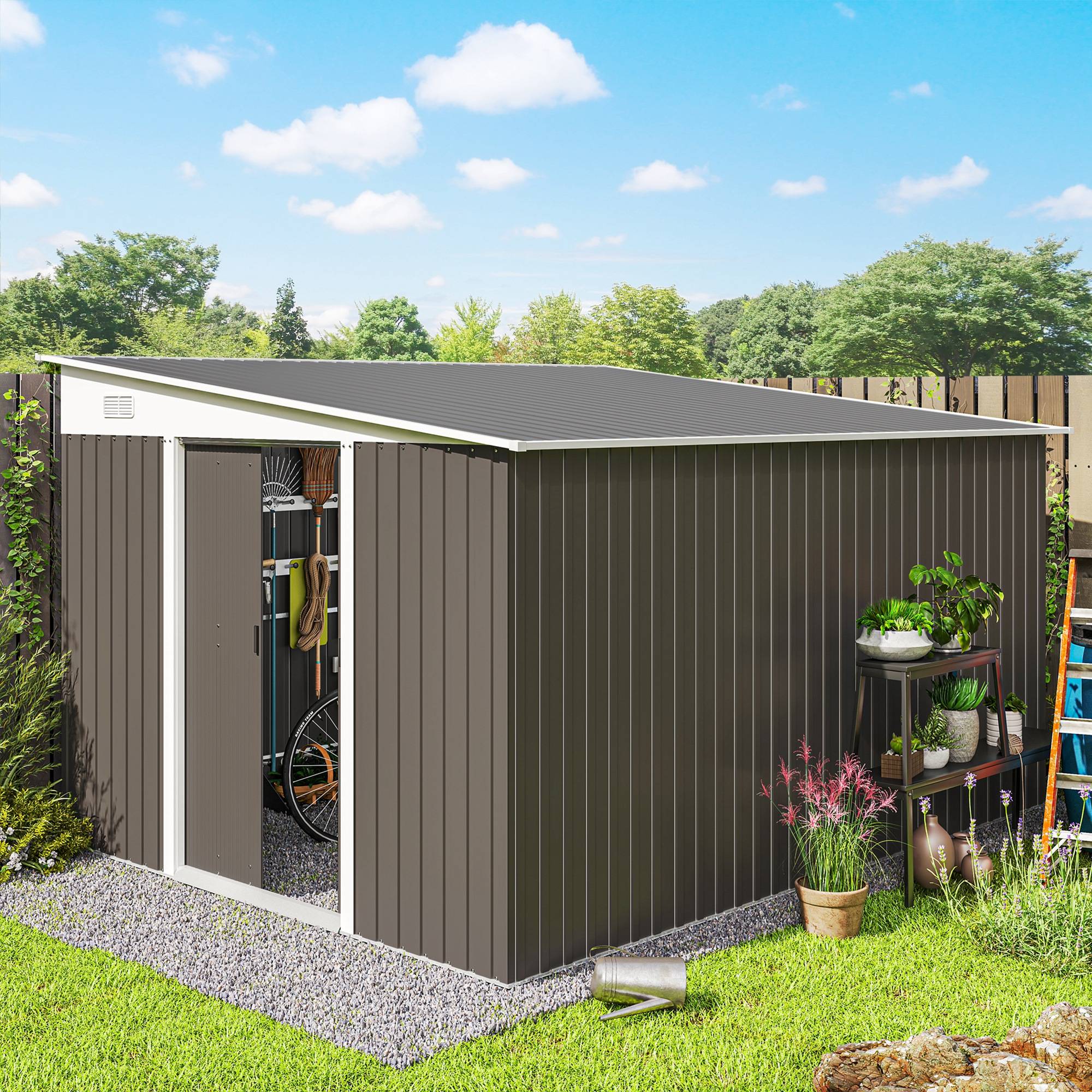 Abri de jardin avec porte coulissante, acier, 345 x 280,5 x 169-201 cm, gris - Image 4