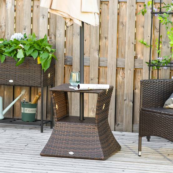 Table d'appoint pied parasol résine tressée jardin terrasse marron 54x54x55cm - ComfortXL Outdoor Living - Image 1
