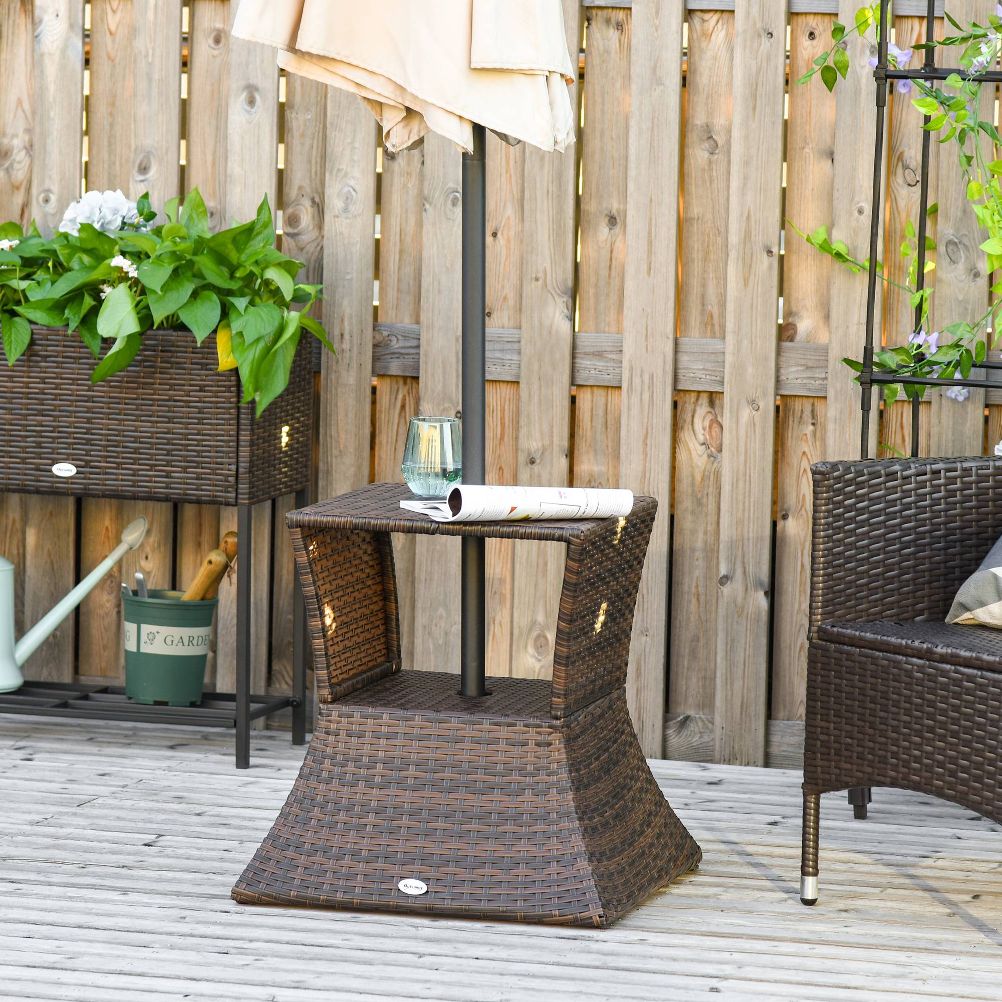 Table d'appoint pied parasol résine tressée jardin terrasse marron 54x54x55cm - ComfortXL Outdoor Living - Image 1