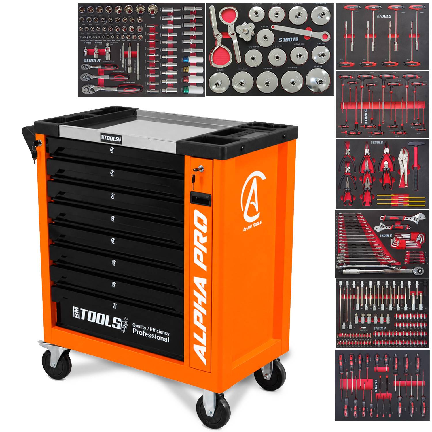 Servante d'Atelier Garage Automobile BM TOOLS ALPHA-PRO - 9 Tiroirs - 311 OUTILS, 4 roues, 2 freins, Chariot MECANICIEN - Orange - Image 1