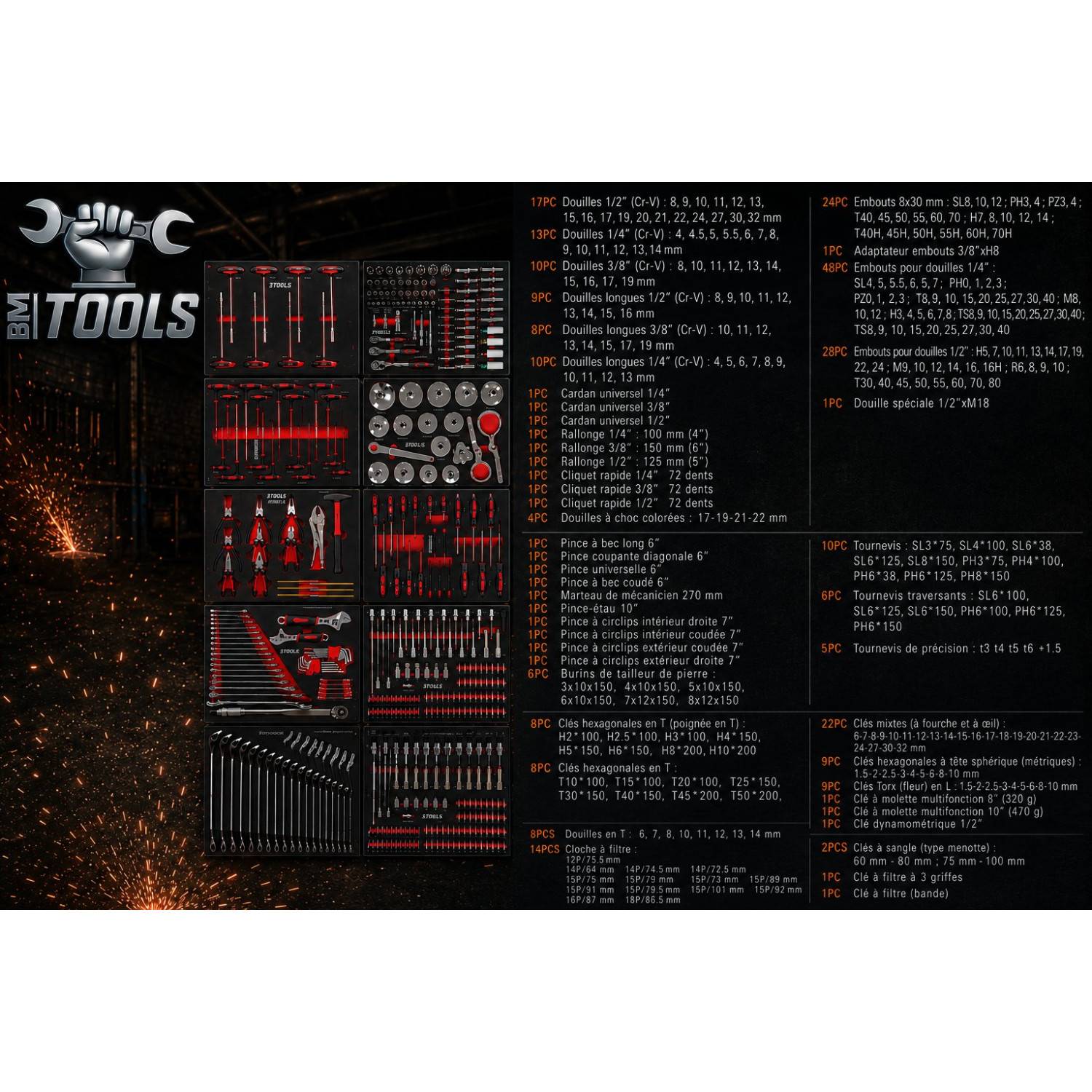 Servante d'Atelier Garage Automobile BM TOOLS ALPHA-PRO - 9 Tiroirs - 311 OUTILS, 4 roues, 2 freins, Chariot MECANICIEN - Orange - Image 5