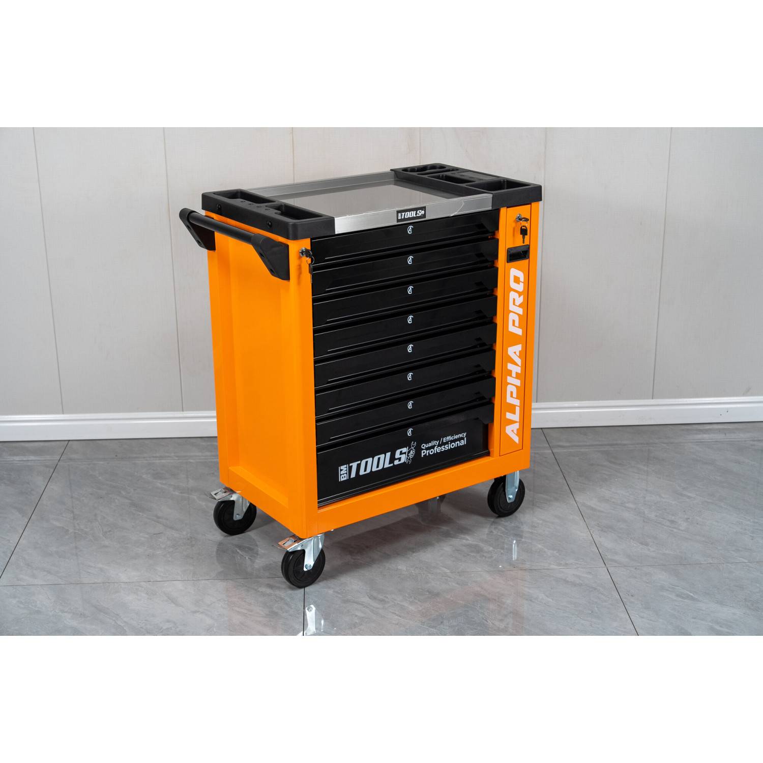 Servante d'Atelier Garage Automobile BM TOOLS ALPHA-PRO - 9 Tiroirs - 311 OUTILS, 4 roues, 2 freins, Chariot MECANICIEN - Orange - Image 7