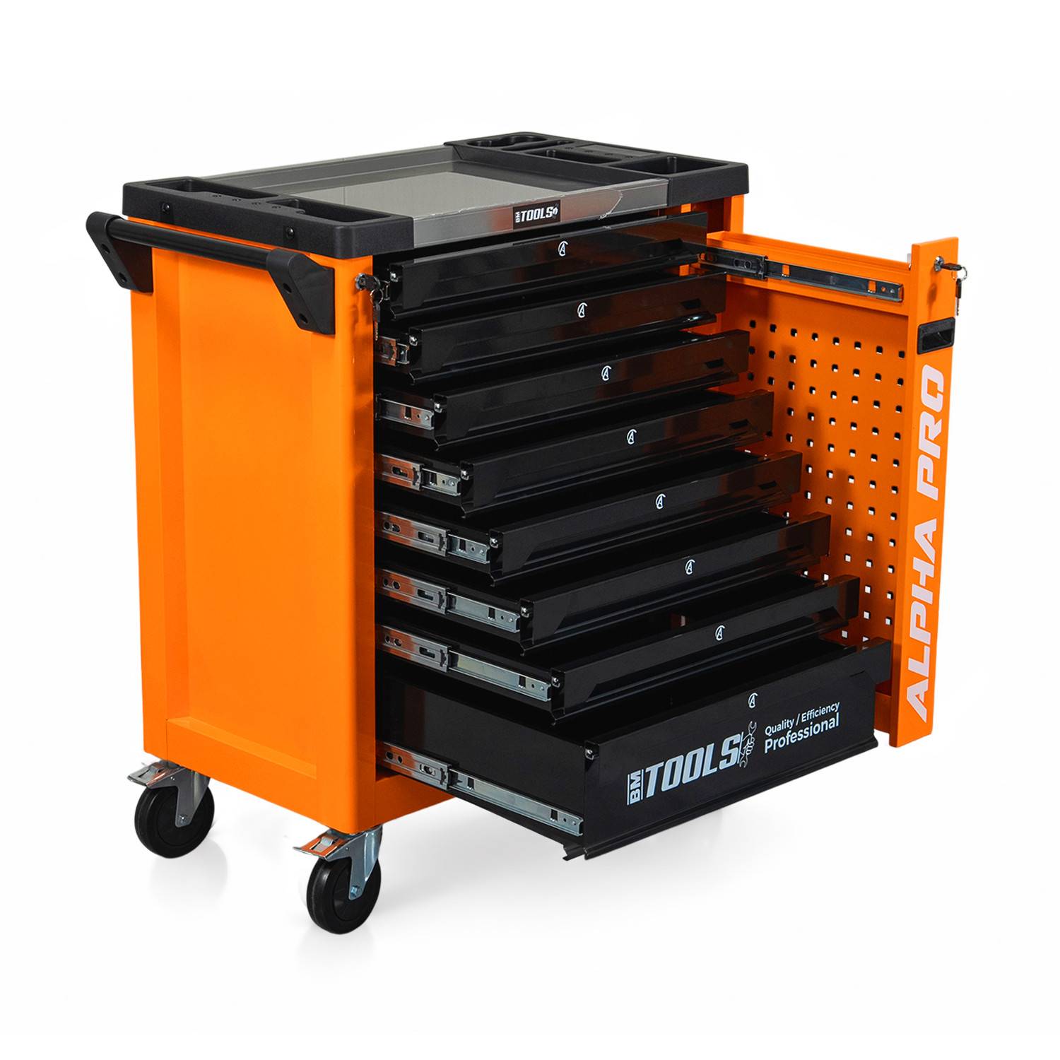 Servante d'Atelier Garage Automobile BM TOOLS ALPHA-PRO - 9 Tiroirs - 311 OUTILS, 4 roues, 2 freins, Chariot MECANICIEN - Orange - Image 2
