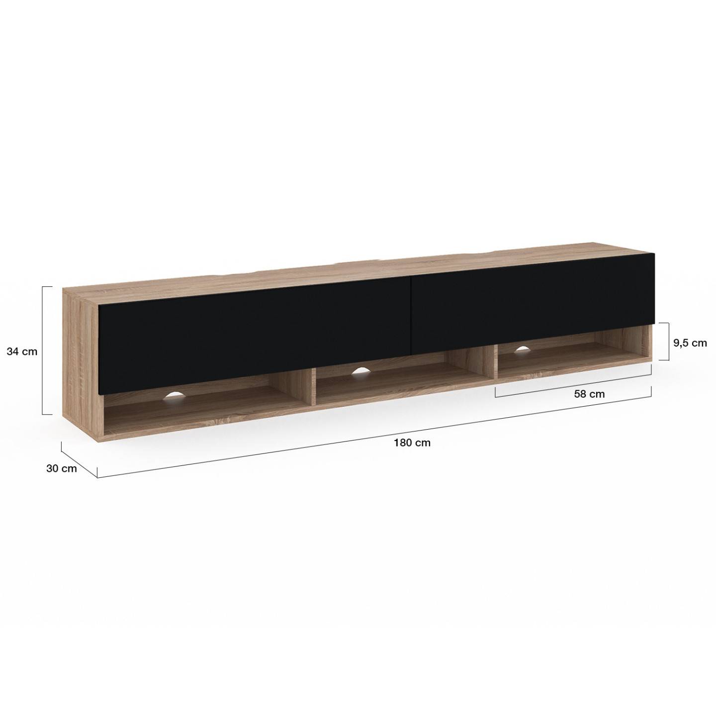 Meuble TV 180 cm suspendu ELIO 2 portes avec étagère bois et noir - Image 5