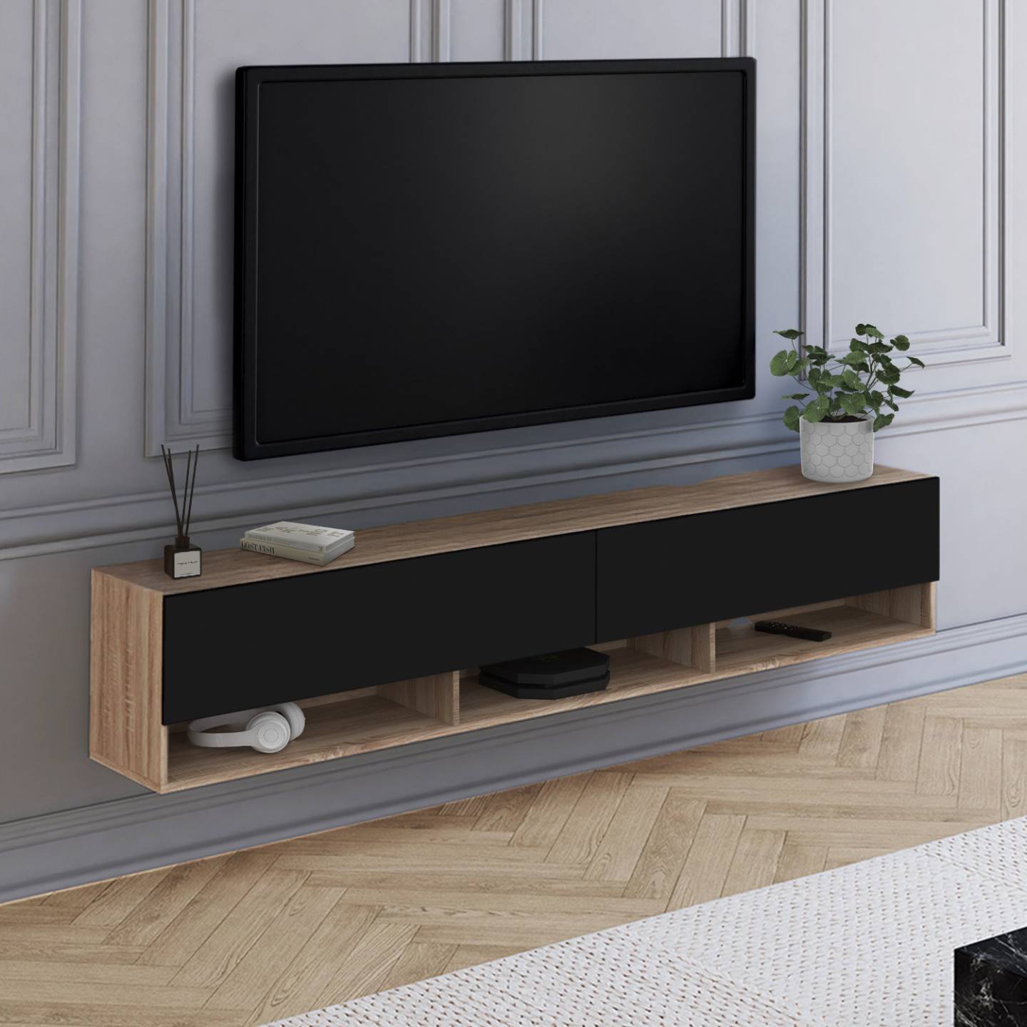Meuble TV 180 cm suspendu ELIO 2 portes avec étagère bois et noir - Image 1