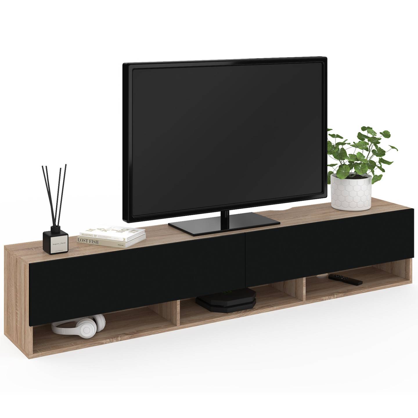 Meuble TV 180 cm suspendu ELIO 2 portes avec étagère bois et noir - Image 2