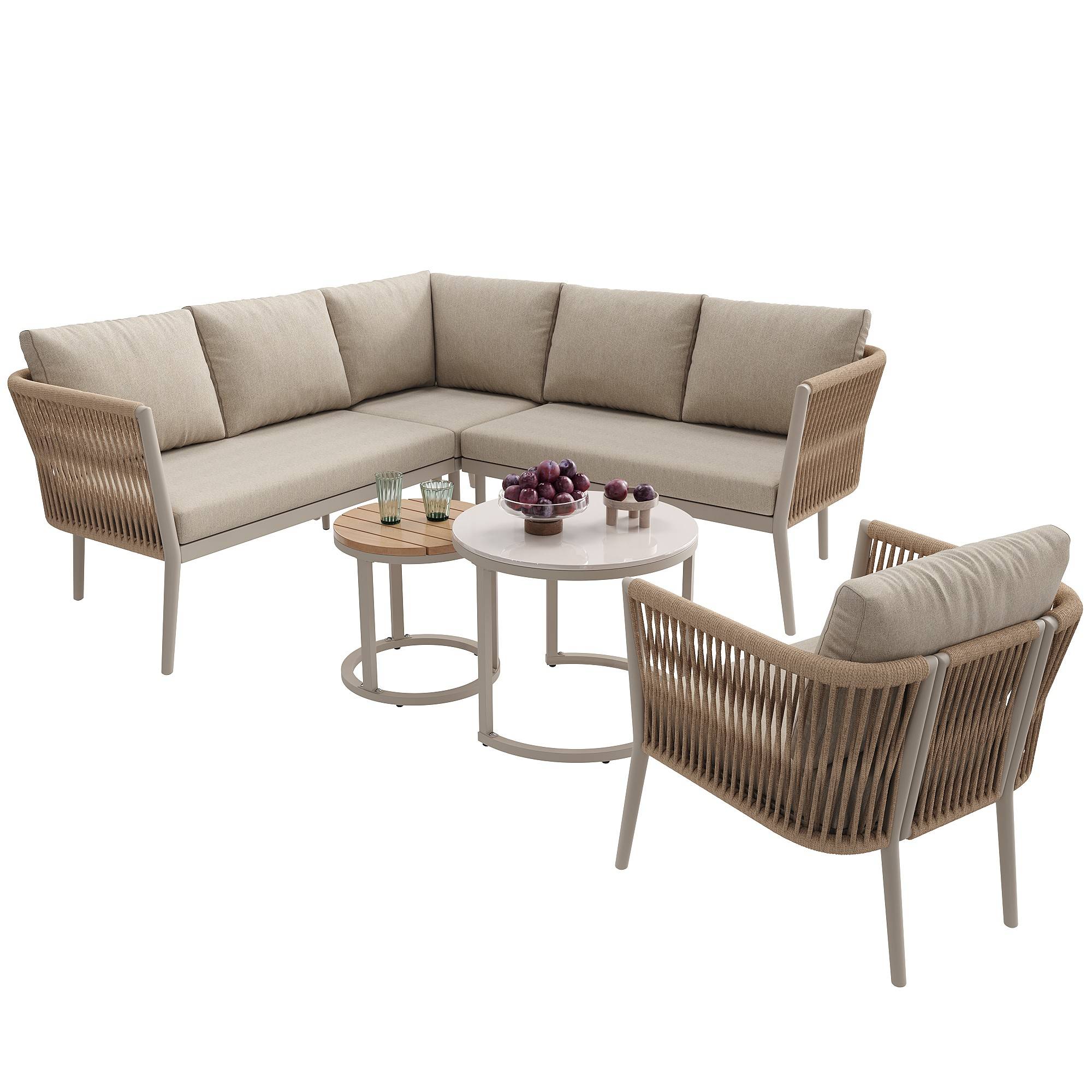 Salon de jardin pour 5-6 personnes, rotin PE avec banc et coussin imperméables, modulable, beige - Image 5