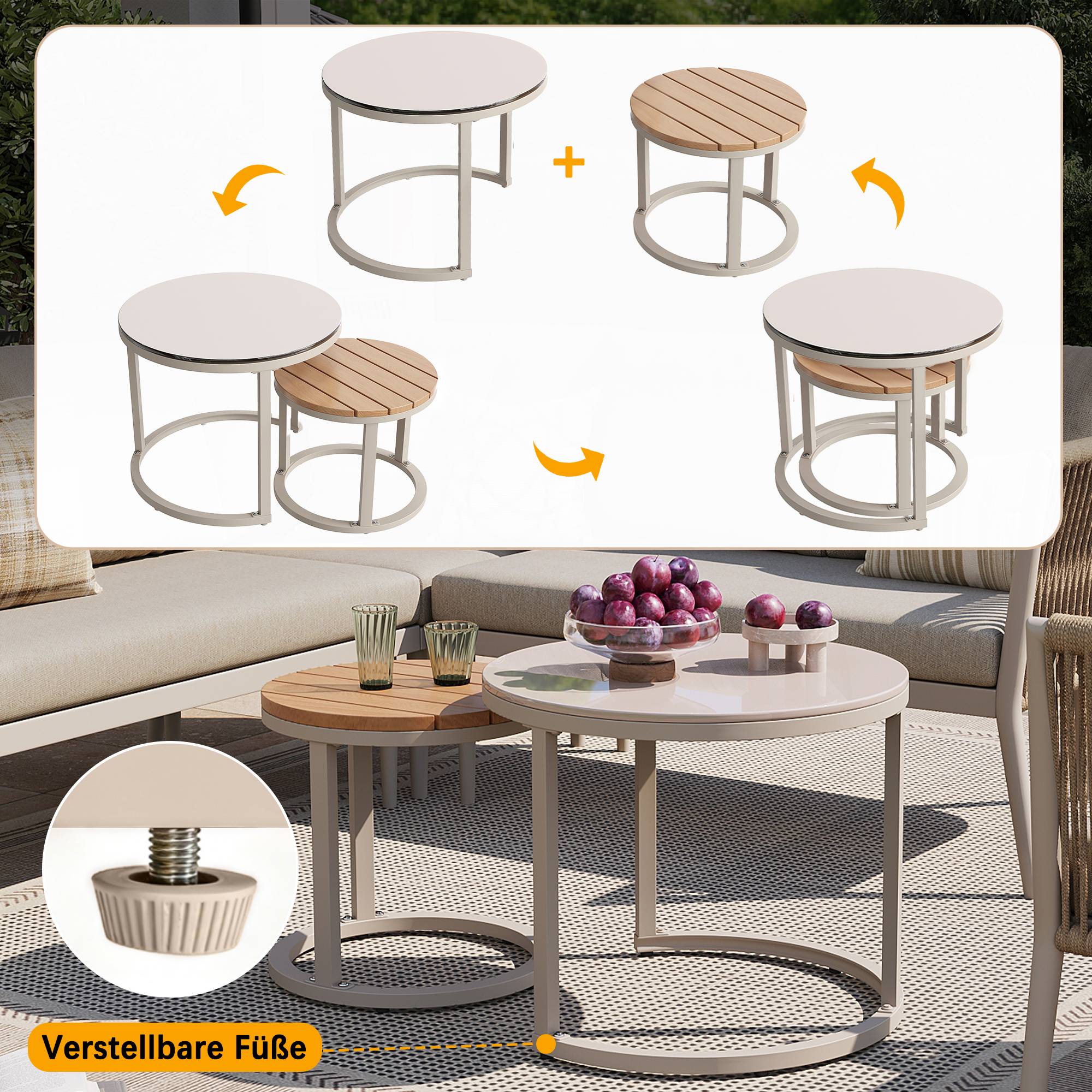 Salon de jardin pour 5-6 personnes, rotin PE avec banc et coussin imperméables, modulable, beige - Image 3