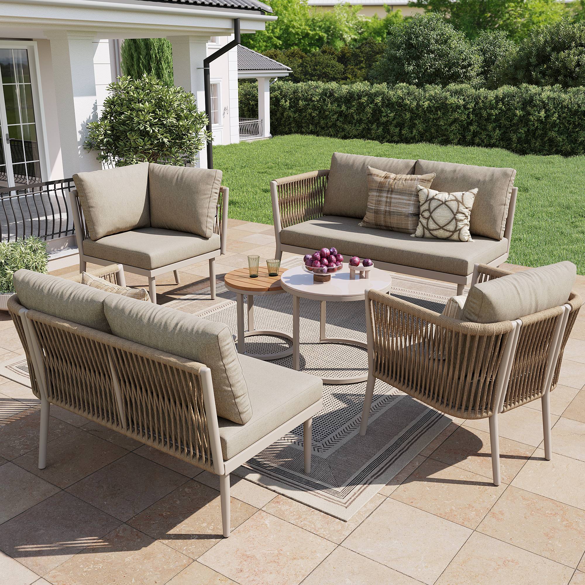 Salon de jardin pour 5-6 personnes, rotin PE avec banc et coussin imperméables, modulable, beige - Image 1