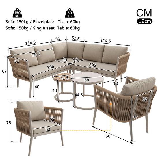 Salon de jardin pour 5-6 personnes, rotin PE avec banc et coussin imperméables, modulable, beige - Image 4