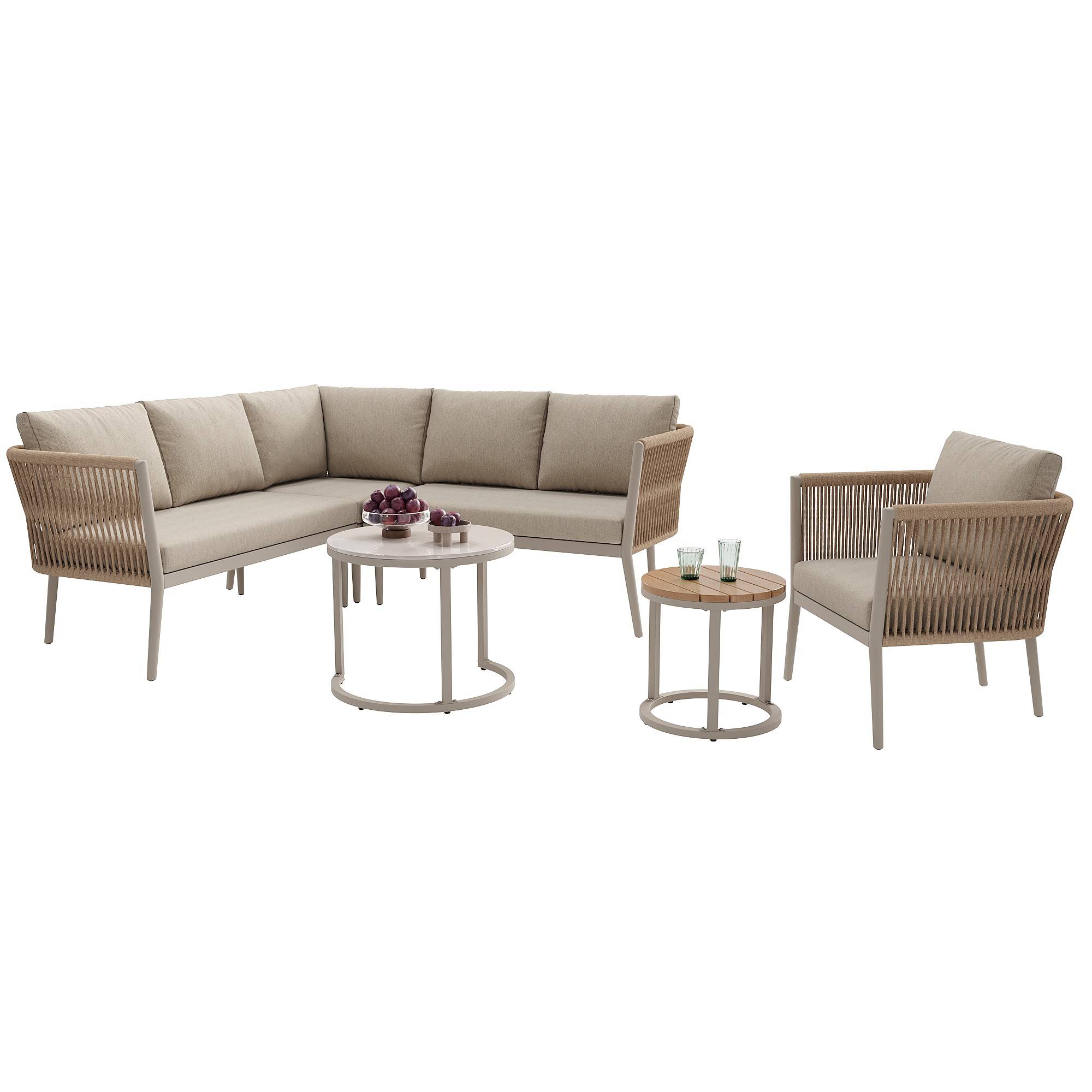 Salon de jardin pour 5-6 personnes, rotin PE avec banc et coussin imperméables, modulable, beige - Image 7