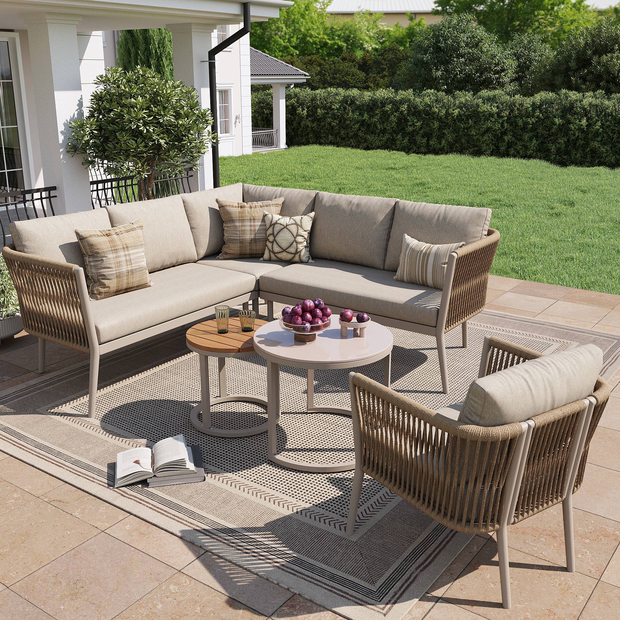 Salon de jardin pour 5-6 personnes, rotin PE avec banc et coussin imperméables, modulable, beige - Image 2