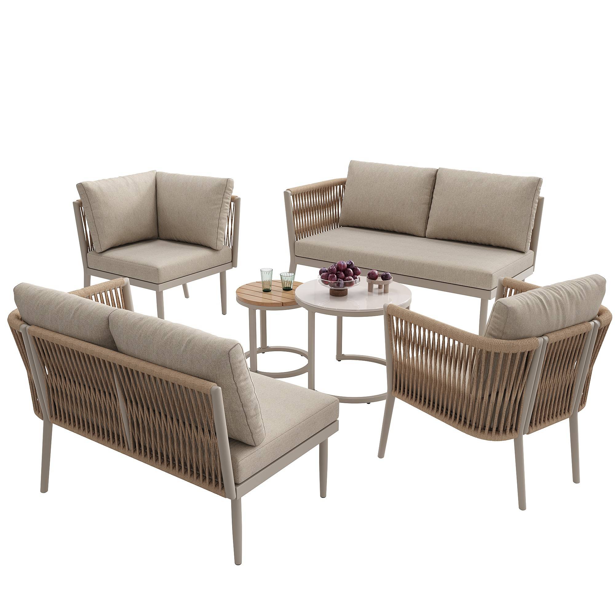Salon de jardin pour 5-6 personnes, rotin PE avec banc et coussin imperméables, modulable, beige - Image 6