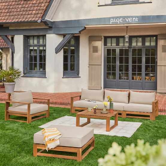 sweeek - Salon de jardin en bois 5 places - Mendoza - Coussins beige. acacia. 6 éléments modulables. design | sweeek - Image 1