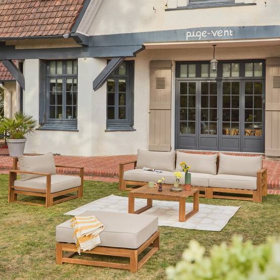 Salon de jardin en bois 5 places - Mendoza - Coussins beige. acacia. 6 éléments modulables. design | sweeek - Image 1