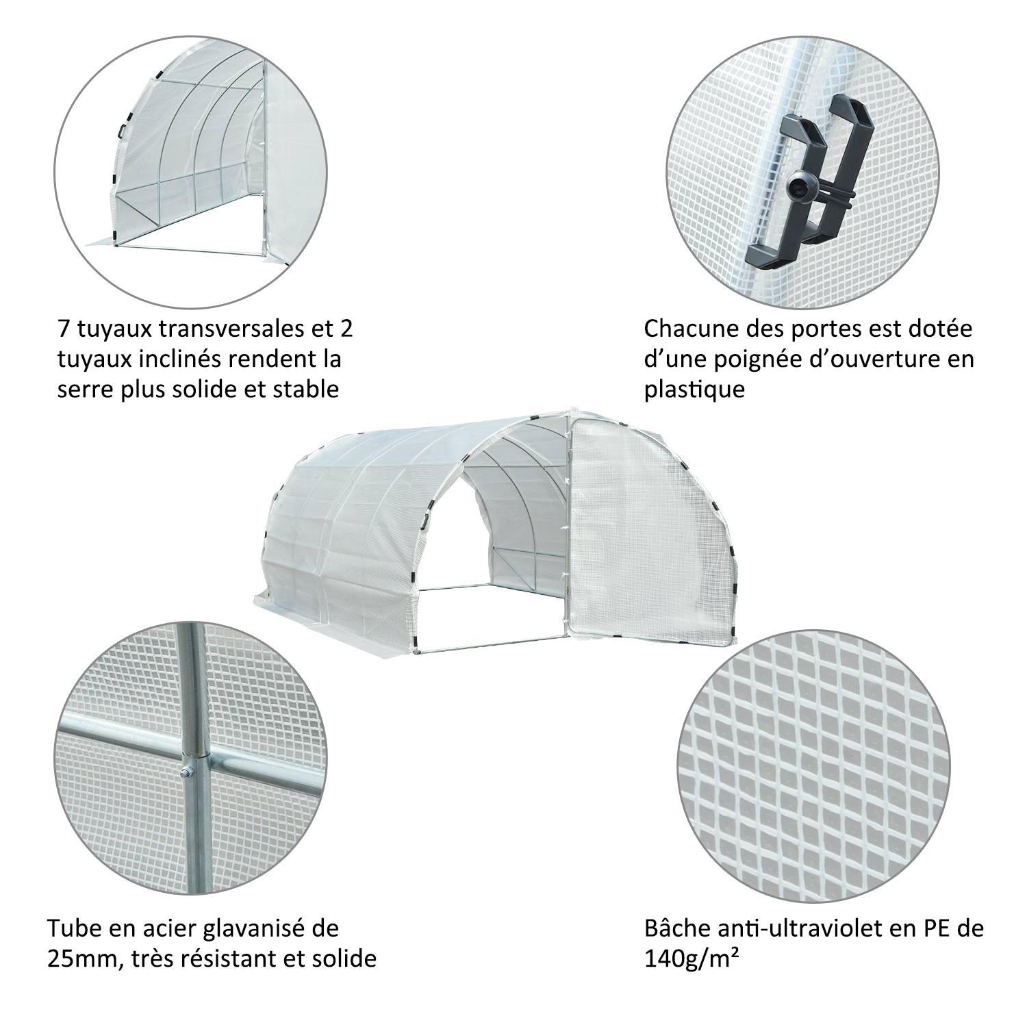 Outsunny - Serre de jardin tunnel surface 12 m² châssis renforcé double porte poignées - PE - 4x3x2m - blanc - Outsunny - Image 5