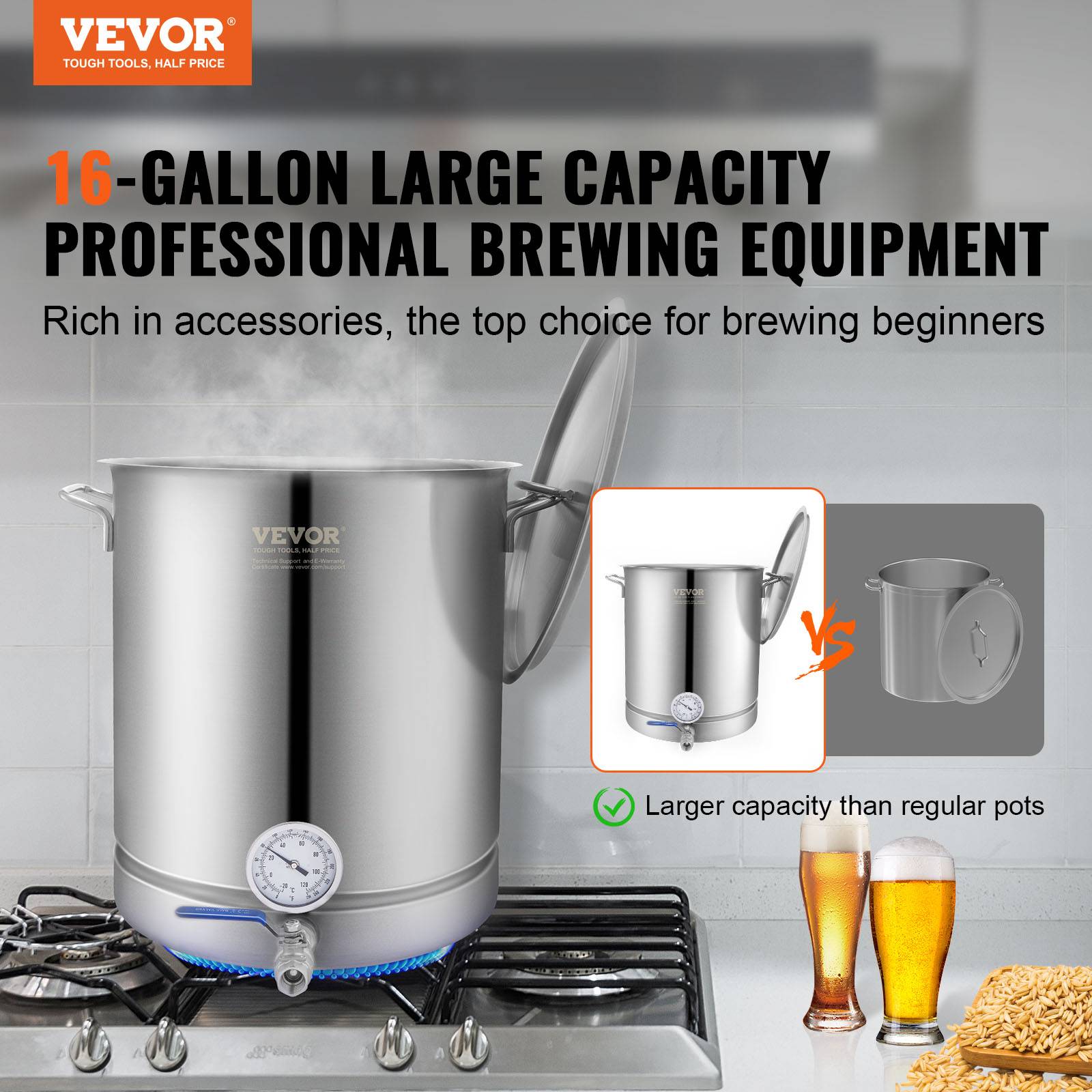 VEVOR Cuve brassage 60,6 L inox, fond 3 couches. Thermomètre, vanne bille. - Image 2