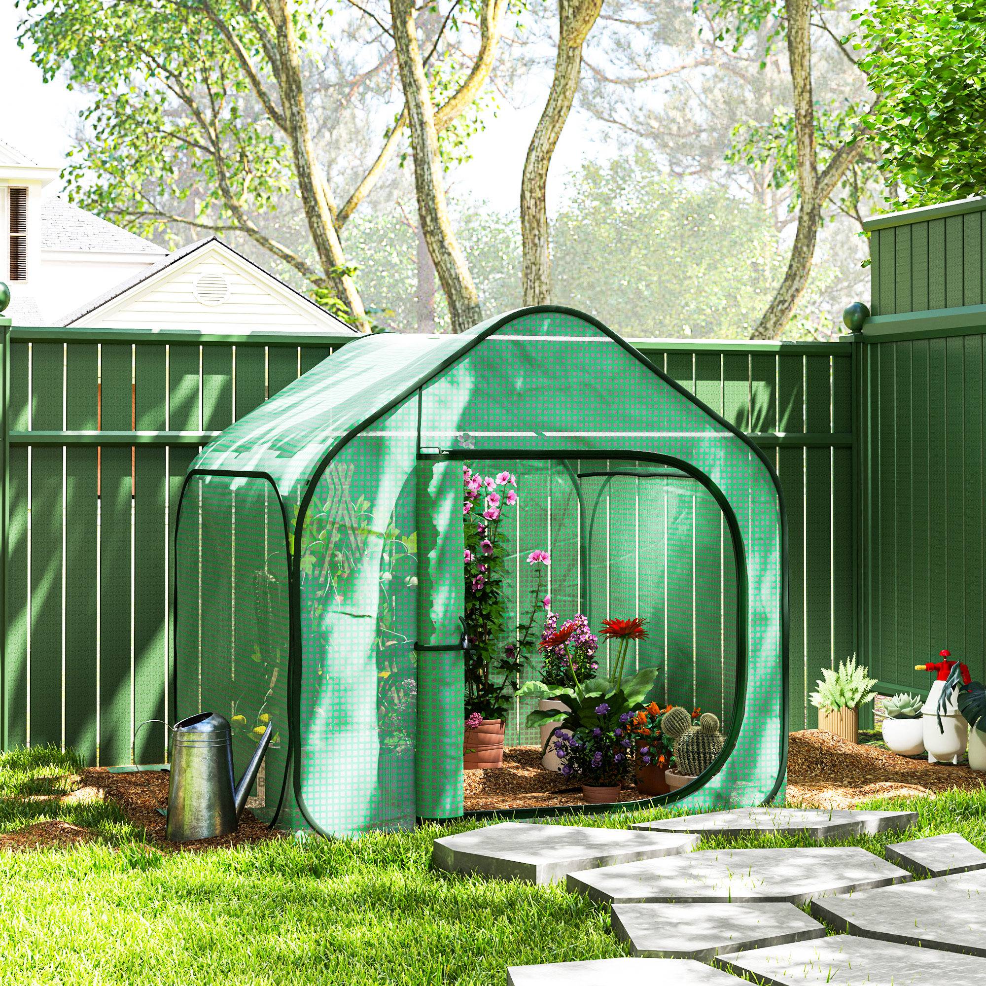 Mini serre pop-up petite serre légumes plante fleurs avec porte à fermeture éclair en PE 150 x 148 x 148 cm vert - Image 4