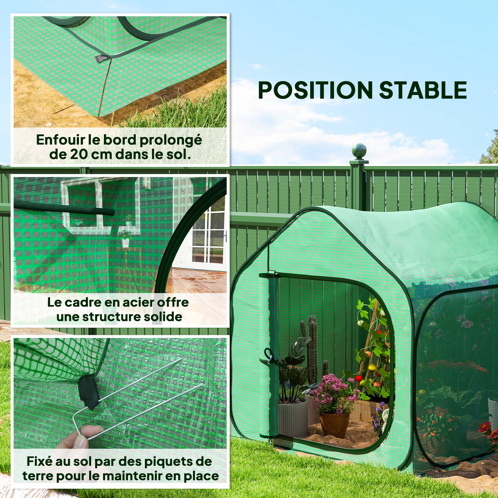 Mini serre pop-up petite serre légumes plante fleurs avec porte à fermeture éclair en PE 150 x 148 x 148 cm vert - Image 9