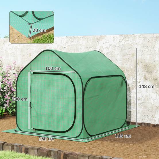Mini serre pop-up petite serre légumes plante fleurs avec porte à fermeture éclair en PE 150 x 148 x 148 cm vert - Image 5