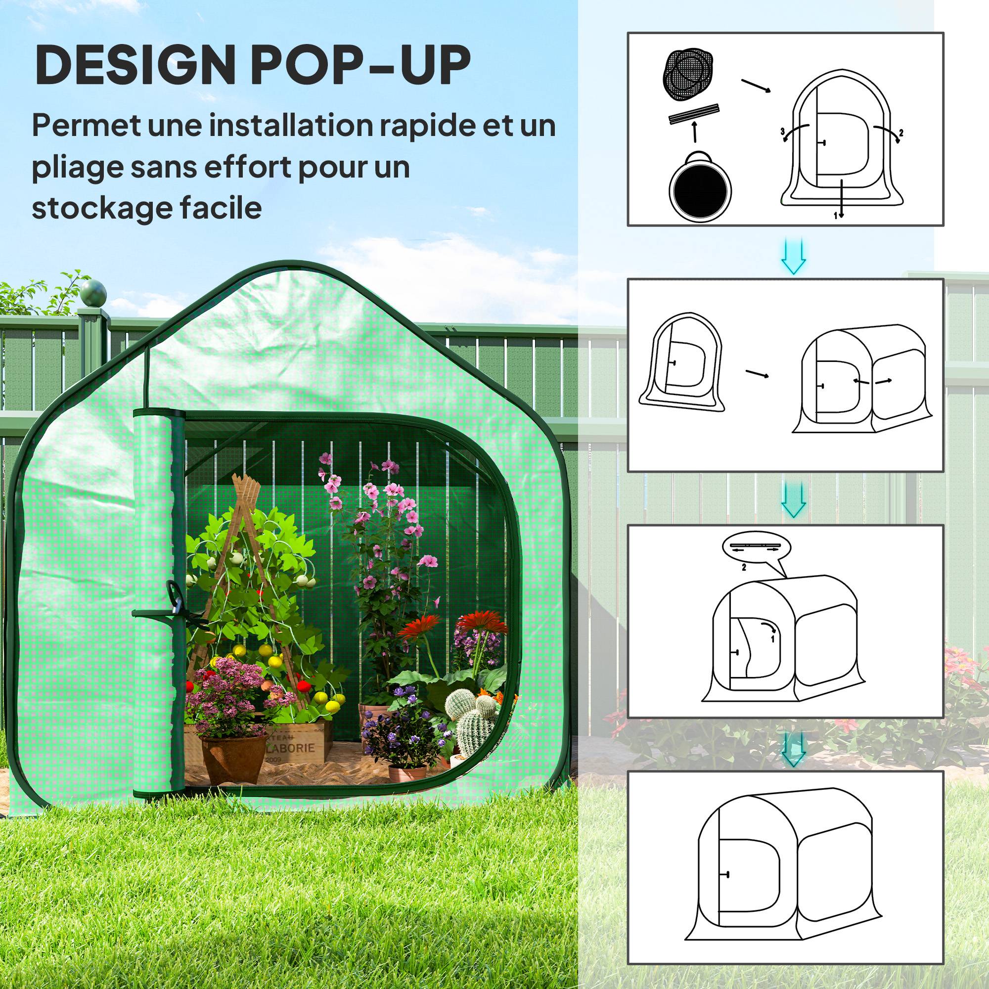 Mini serre pop-up petite serre légumes plante fleurs avec porte à fermeture éclair en PE 150 x 148 x 148 cm vert - Image 6