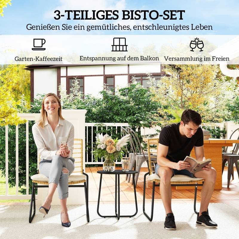 Set de jardin 3 pièces pour 2 personnes avec 2 chaises empilables et table en rattan, beige - PANGIVO - Image 4