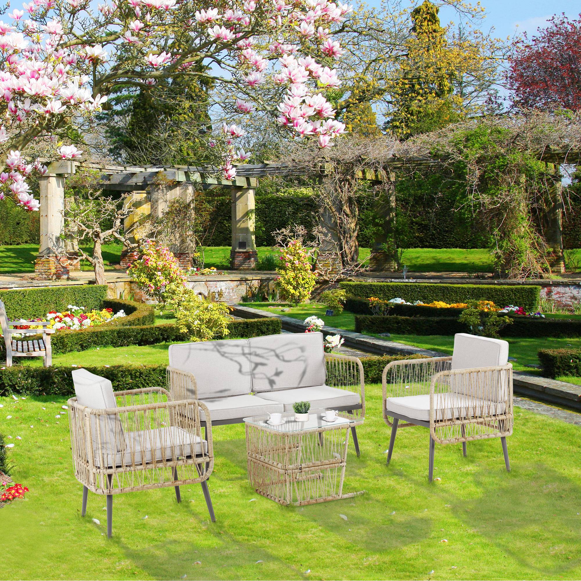 Outsunny - Salon de jardin 4 places 4 pièces style colonial table basse coussins beige inclus résine tressée aspect rotin - Outsunny - Imagen 2