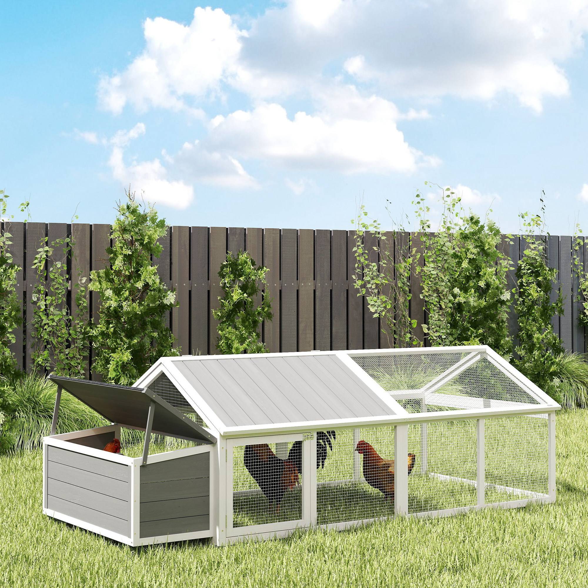 Poulailler jardin 4-8 poules, bois, grillage, toit ouvrant, 240x112,5x76 cm, blanc - Image 10
