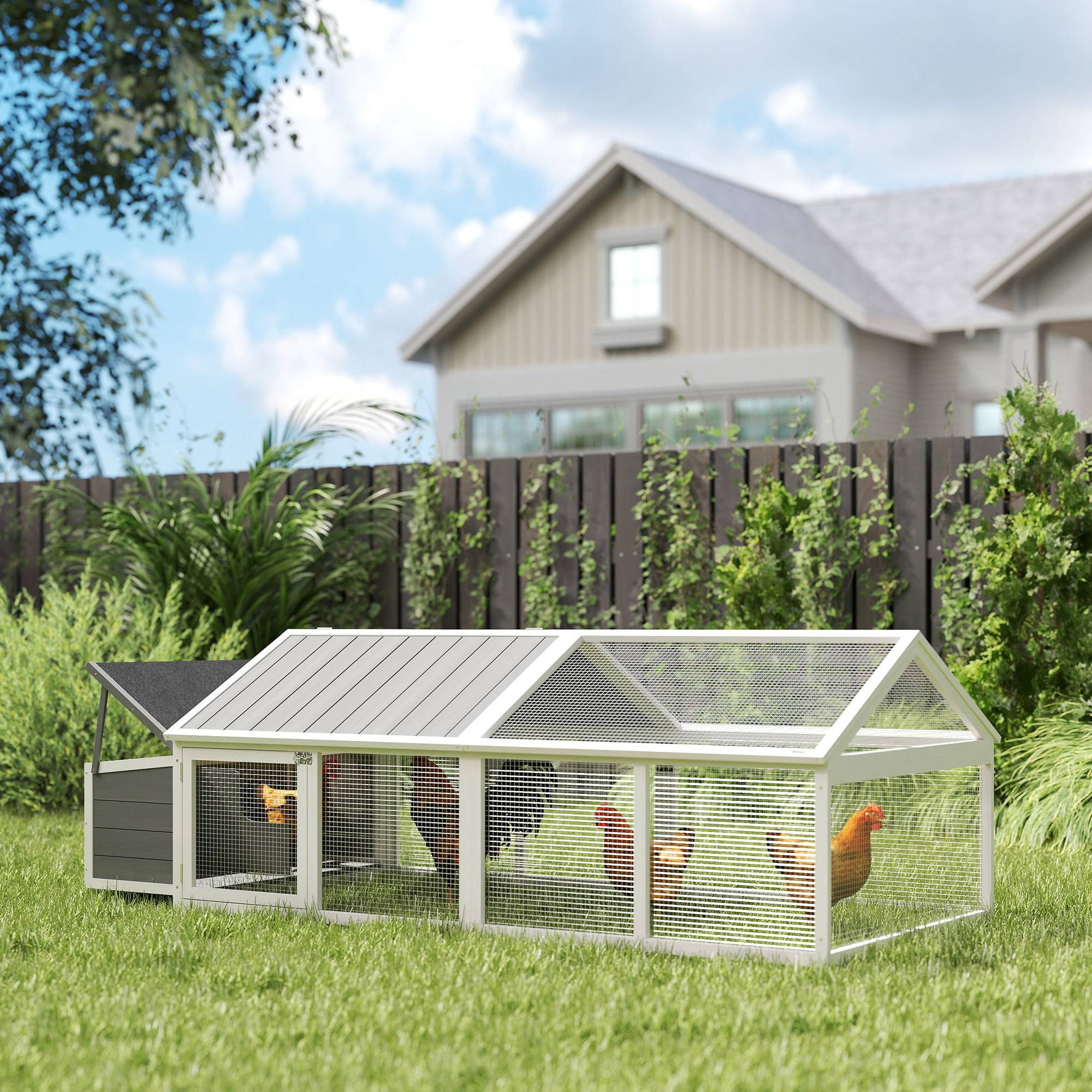 Poulailler jardin 4-8 poules, bois, grillage, toit ouvrant, 240x112,5x76 cm, blanc - Image 4