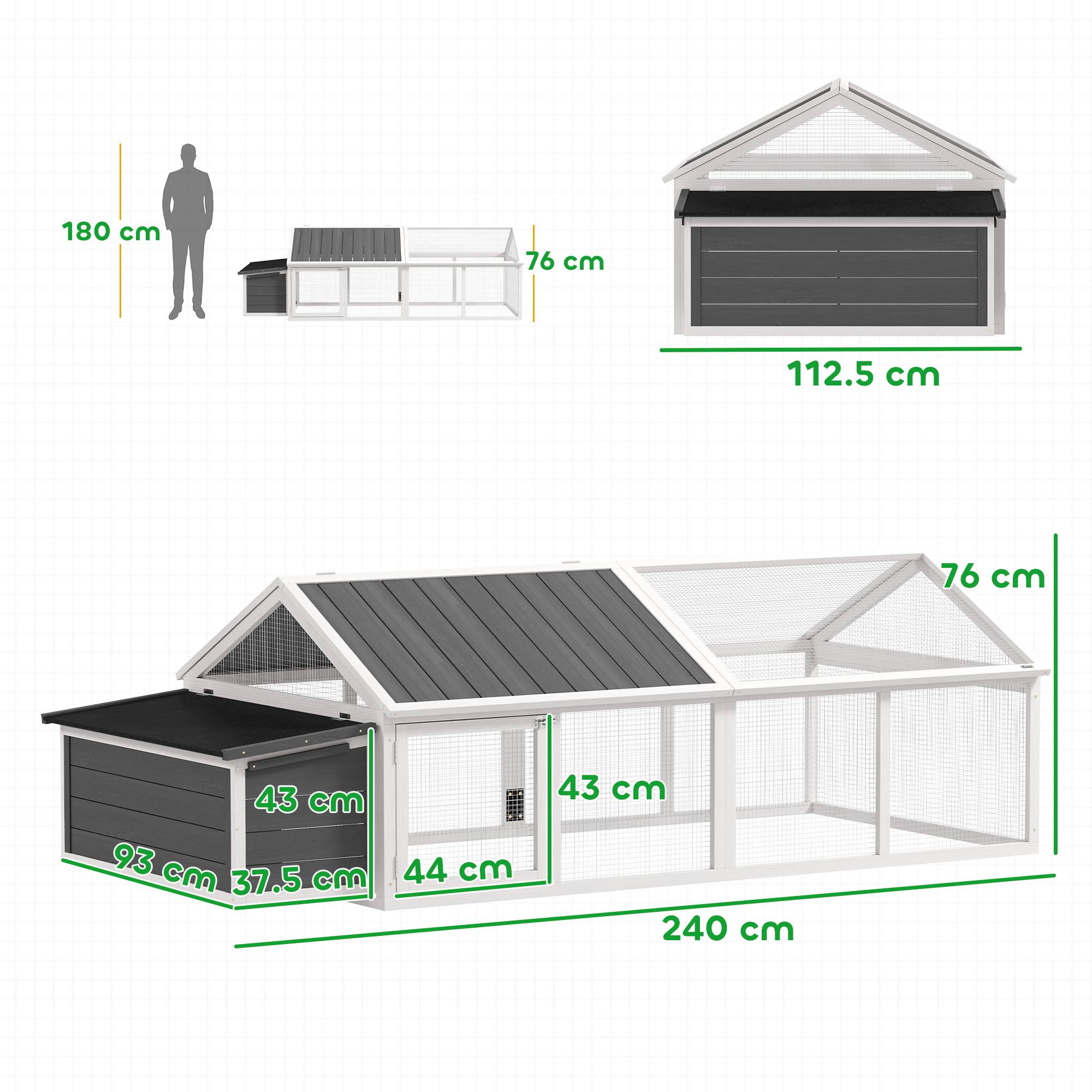 Poulailler jardin 4-8 poules, bois, grillage, toit ouvrant, 240x112,5x76 cm, blanc - Image 5