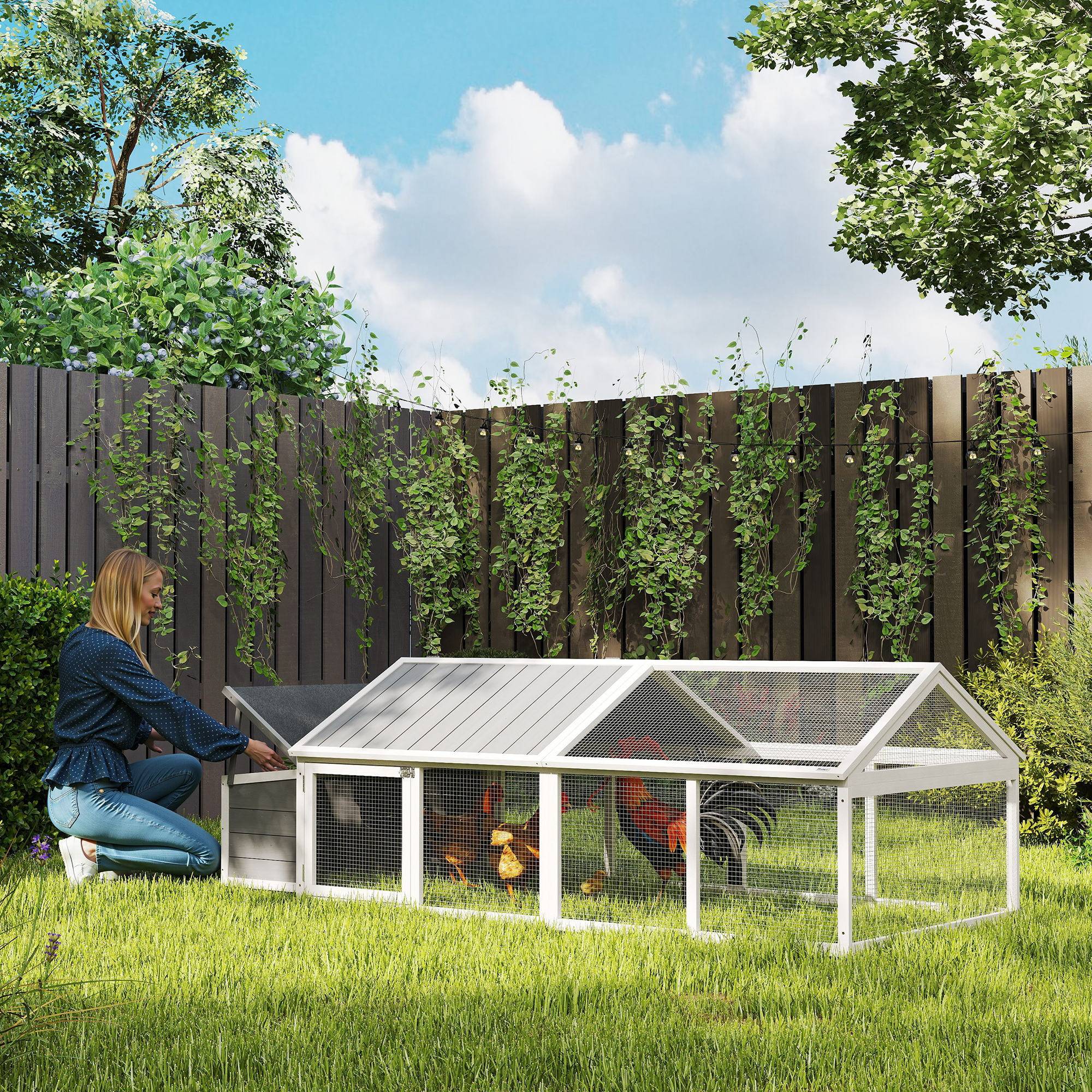 Poulailler jardin 4-8 poules, bois, grillage, toit ouvrant, 240x112,5x76 cm, blanc - Image 3