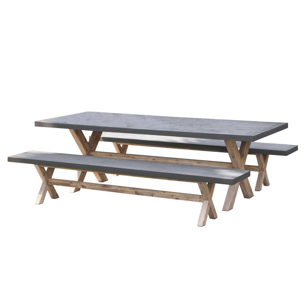 Macabane - HECTOR - Ensemble jardin béton et acacia - Table 200*100 cm et 2 bancs - Imagen 1