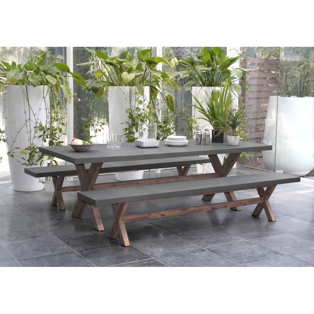 Macabane - HECTOR - Ensemble jardin béton et acacia - Table 200*100 cm et 2 bancs - Imagen 3